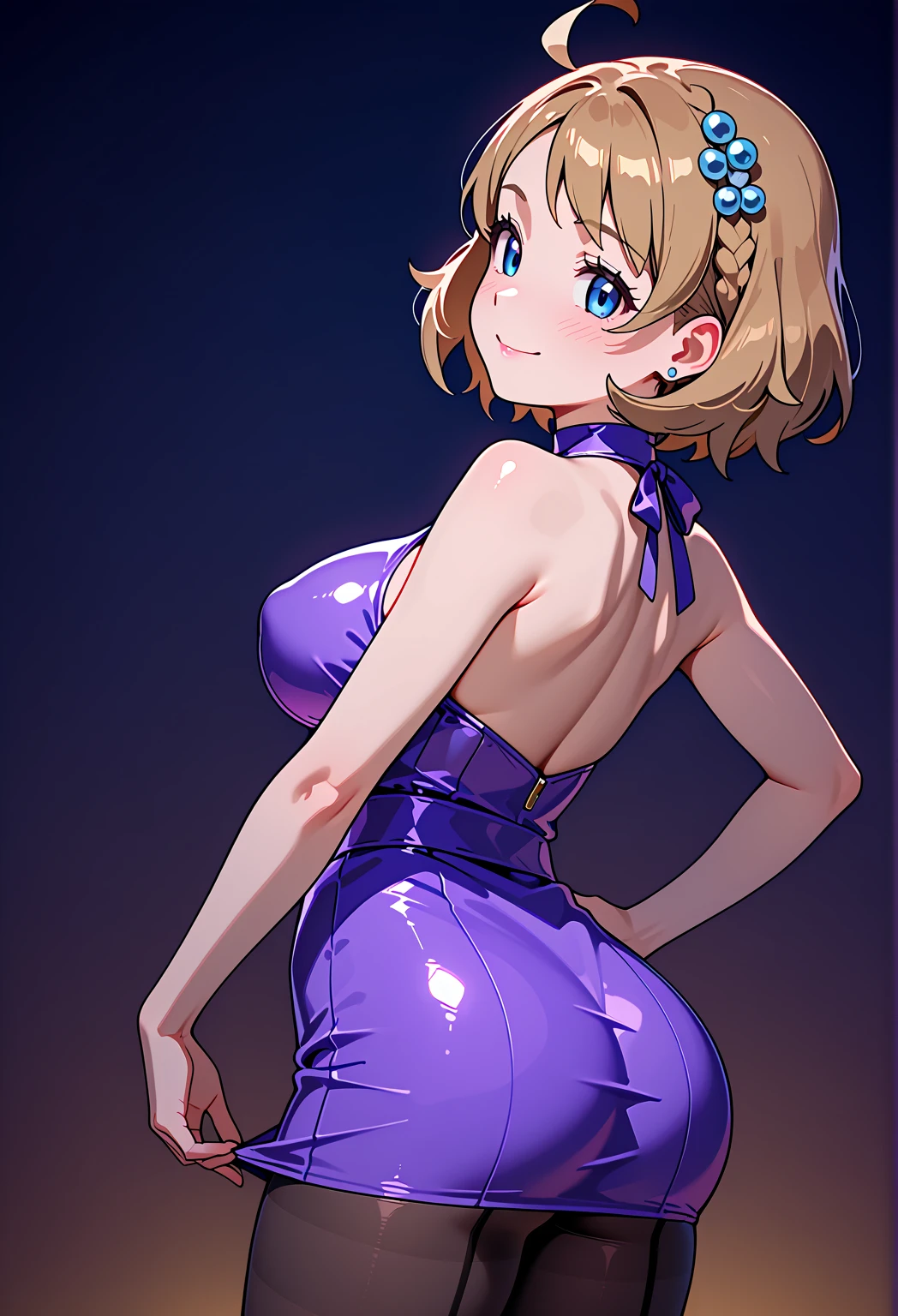 score_9_up, score_8_up, score_7_up, 1girl, solo, source_anime, hourglass figure, Big breasts, kemonomimi, bear ears, brown hair, short hair, messy_hair, blue eyes BREAK freckles, cosplay, lipstick, outdoors, silver dress, revealing dress, shiny dress, cleavage, bare legs, standing, seductive smile, closed mouth, outdoors, night sky, city lights, looking at viewer 