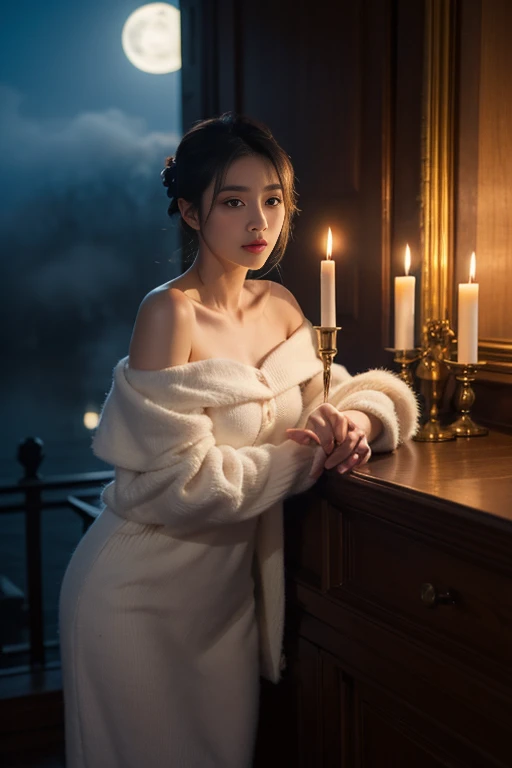 (Masterpiece, best quality:1.2), 1 woman, alone, ((Clothes off the shoulder)),  nighttime, lamp, Candlelight, In the depths of wonderland，Moonlight falls like water，mist room，The heroine&#39;s figure was not clearly visible.，Just like the angel in the painting.，sexy legs，Very beautiful legs，โชว์sexy legs，big breasts，美丽而又带着一丝mystifying的色彩。Her face was beautiful and delicate.，like intricately carved jade，Revealing beauty that is otherworldly。Eyebrows are beautiful，The waves in my eyes are like stars twinkling，It shows the light of perseverance and wisdom.。The bridge of the nose is straight.，Lip color like cherry，The corners of his mouth lifted slightly, revealing confidence and calmness.。Her face was clear.，The skin is as fair as jade.，Reveals a healthy glow，like an angel, She had never eaten fireworks in this world.。Her makeup was light and delicate.，There isn&#39;t too much embellishment.，But when able to show emotion and charm。Light-colored foundation helps reveal the transparency of the skin.，A lightweight eyebrow pencil helps create her perfect brow shape.，Eye makeup is eyeshadow and eyeliner.，It made her eyes brighter and more energetic.。嘴唇涂上grace的口红，Add a little charm and sophistication。她的衣服grace别致，Fluttering clothes，It seemed to be blown away by the wind every time.，drifting into the distance。既不失grace，Also shows off her special skills.。Rocking with your movements。Her hair was casually pulled back.，Stay safe with hosta，Some strands of hair blow in the wind.，Add a little softness。Her body appeared in the heavenly realm.，宛如一道big breasts美丽的风景线，Attract everyone&#39;anxiety。She looks like an angel in a wonderland.，big breasts美丽、grace、mystifying、and full of energy。