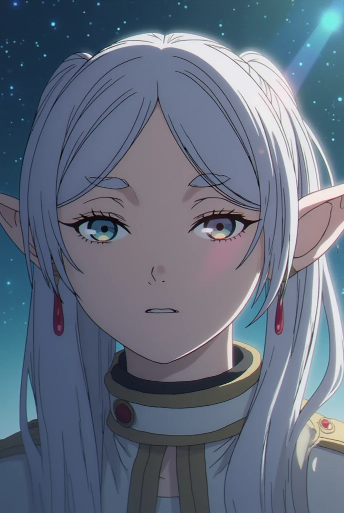 Close-up of an improved masterpiece:1.5)0.9], ( Space and astronauts :1.2) (Messy silver hair:1.1) (heterochromia: xanthochromia and blue eyes :1.2) (space helmet:1.0) (Colored stars in the eyes:1.0) (A radiant glow:1.1) (thick lips:0.9)