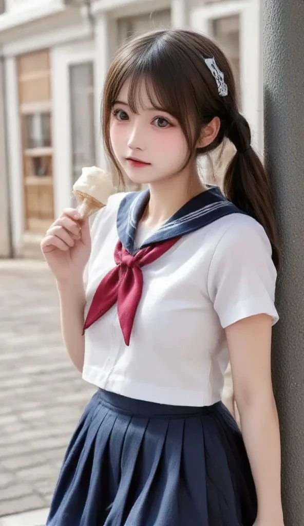 Pubic hair grows、Smile full of happiness、((Looks happy:1.3))、Pink Panties、、Panting face、Lacking、school girl outfit(Plaid miniskirt)、a sailor suit、Sweating、Expression in a state of excitement、short-hair、eye glass、((Licking soft-serve ice cream:1.3))、((pulling panties down:1.3))、1girll,(The crotch crack is fully visible.....:1.3)、((Crouching on the bed))、nearly naked