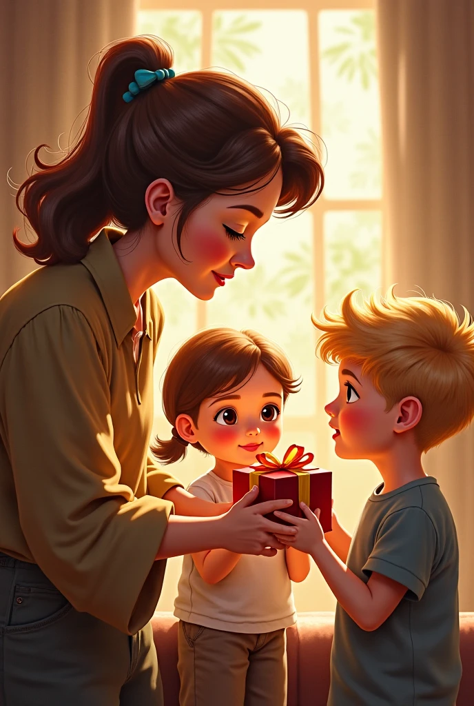 Stacy takes the bundle of sticks apart, one stick at a time. She gives her sons Harry, Larry and Barry a single stick, and they easily break them.