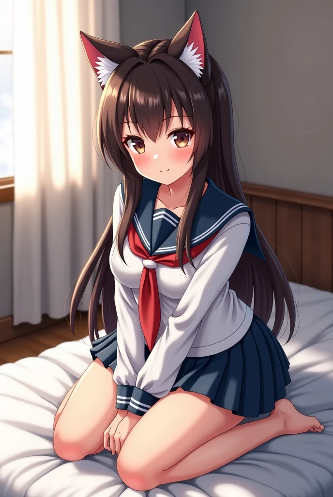 Anime girl with a cat ears and a sailor outfit sitting on a bed - SeaArt AI