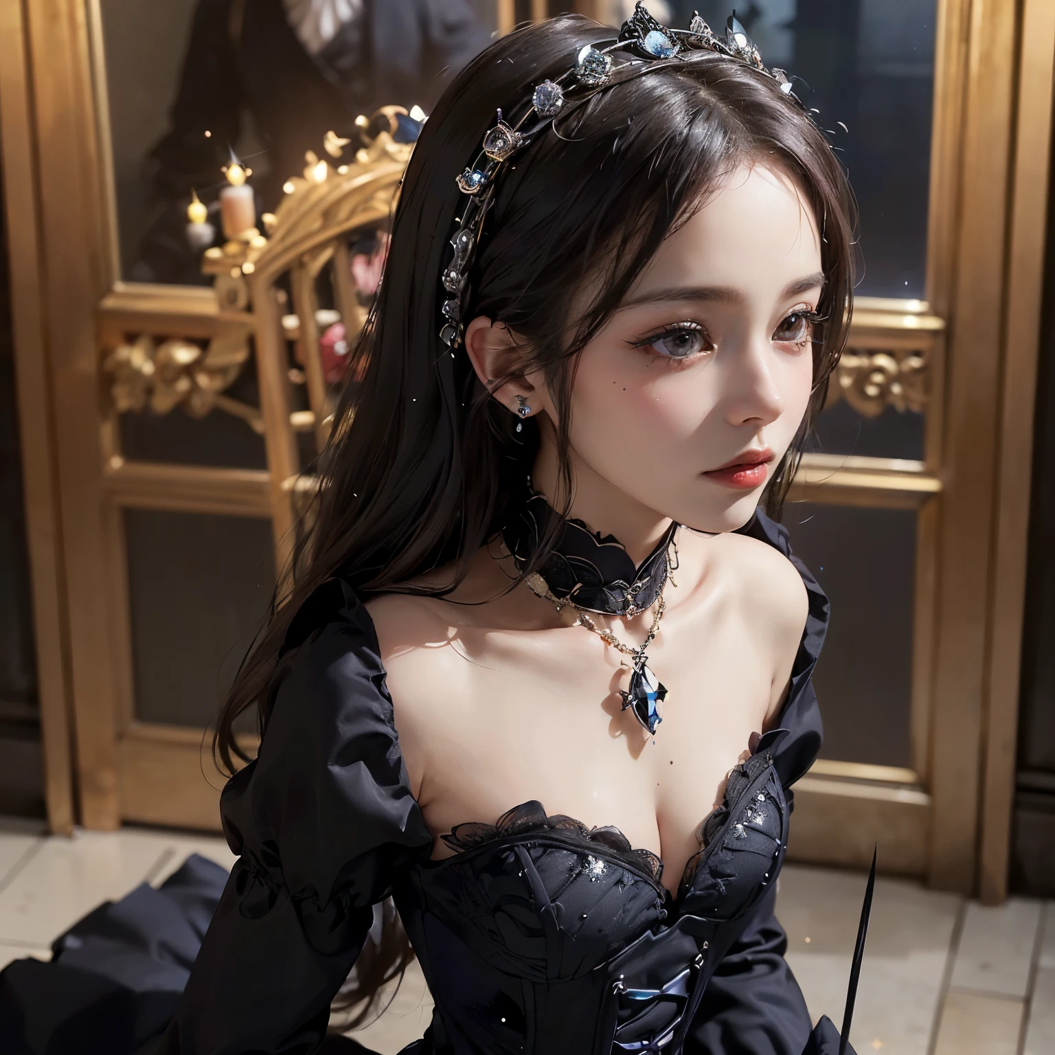 amor, 1 bela mulher , jewelry, gothic ta, belos olhos, olhando para o visualizador, suor, foco rosto, controle da mente, cadeira, anime, seios grandes