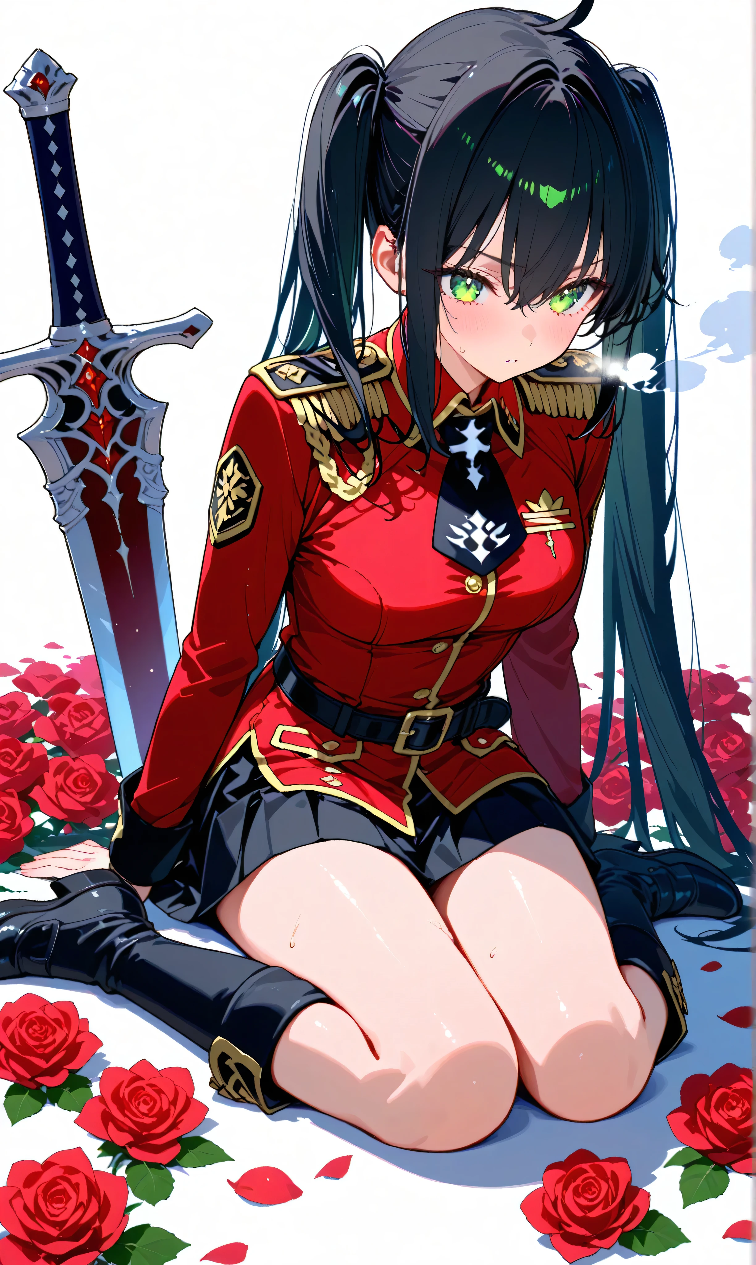 (watercolor:0.4)、( pastel :0.6)、 1 girl 、Attach a bow to the twin tail of long black hair with a faint red accent、A knight in a red rose military uniform、 green eyes。Sit on the ground in a relaxed position with his sword on his side、Take a deep breath。red roses scattered across the battlefield and the dim air。Simple white background that makes the character stand out。
