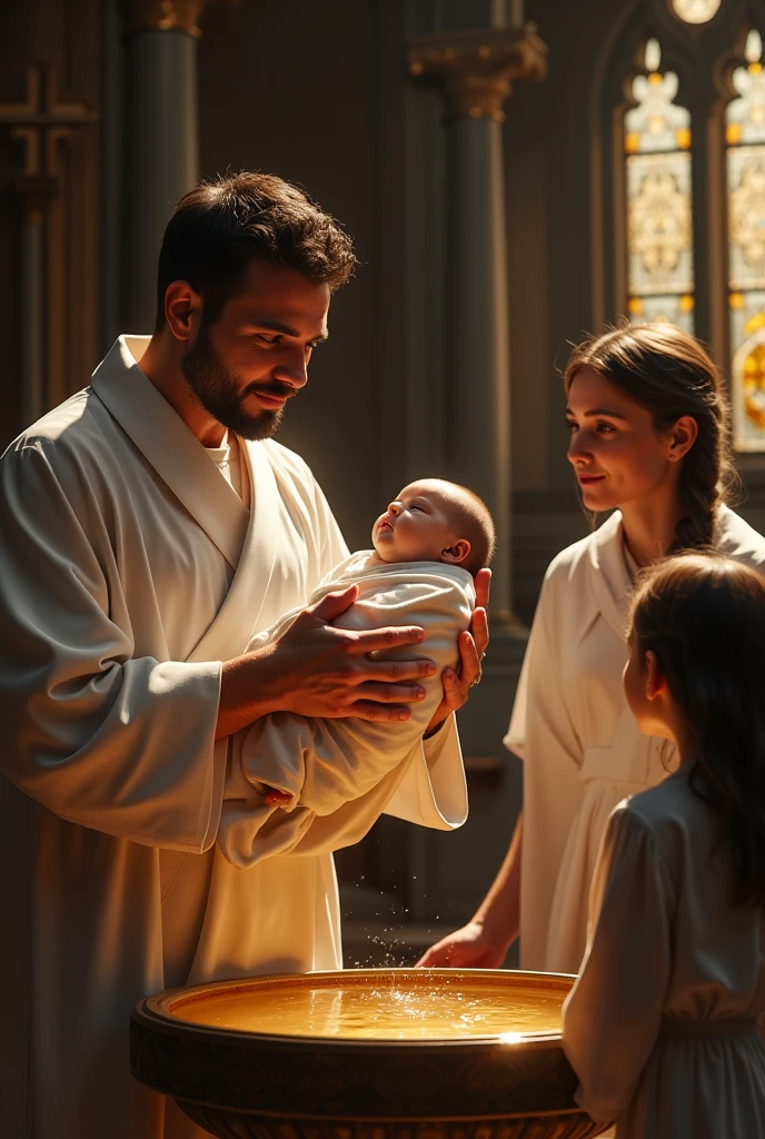 A slim woman with medium brown wavy hair baptizing her baby with her husband