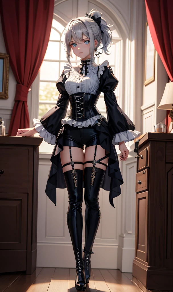 [black:aqua:0.65] theme, masterpiece, a girl's masterpiece, detailed visual art, blue eyes, light blonde hair, long hair, collarbone, royal princess, elegant, gorgeous quinceanera corset, corset piercing, detailed layered skirt, [detailed frills: 0.1], [frilled dress: 0.1], embroidery, [details princess dress: 0.1], off-the-shoulder, big breasts: 1.3, open crotch, thigh seam, garter belt, groin, [NSFW|uncensored], (simple background: 1.1), low-winged, full-body --auto