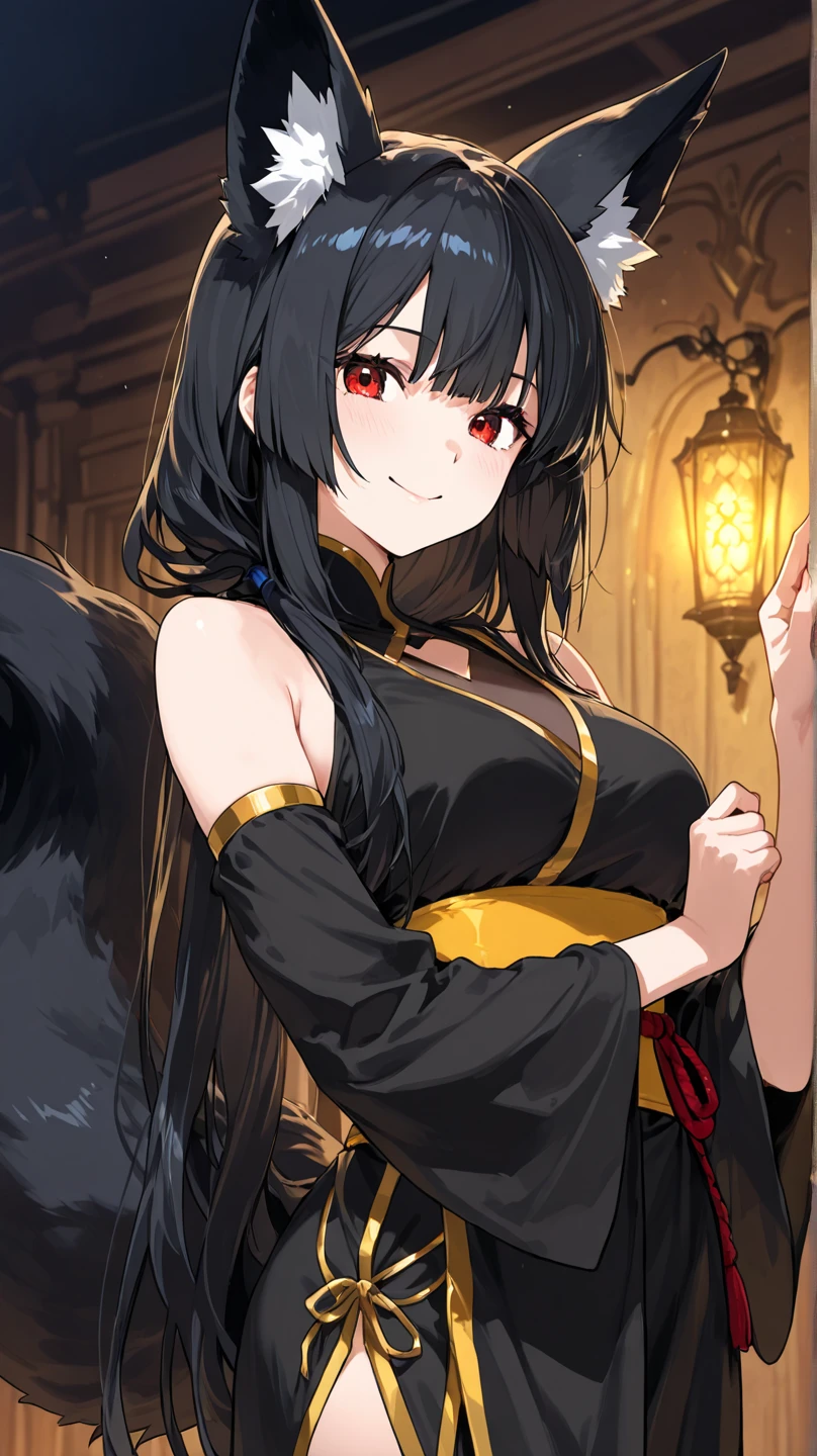 beautiful woman, long wavy black hair, brown eyes, cat ears and tail, fangs, horns, 