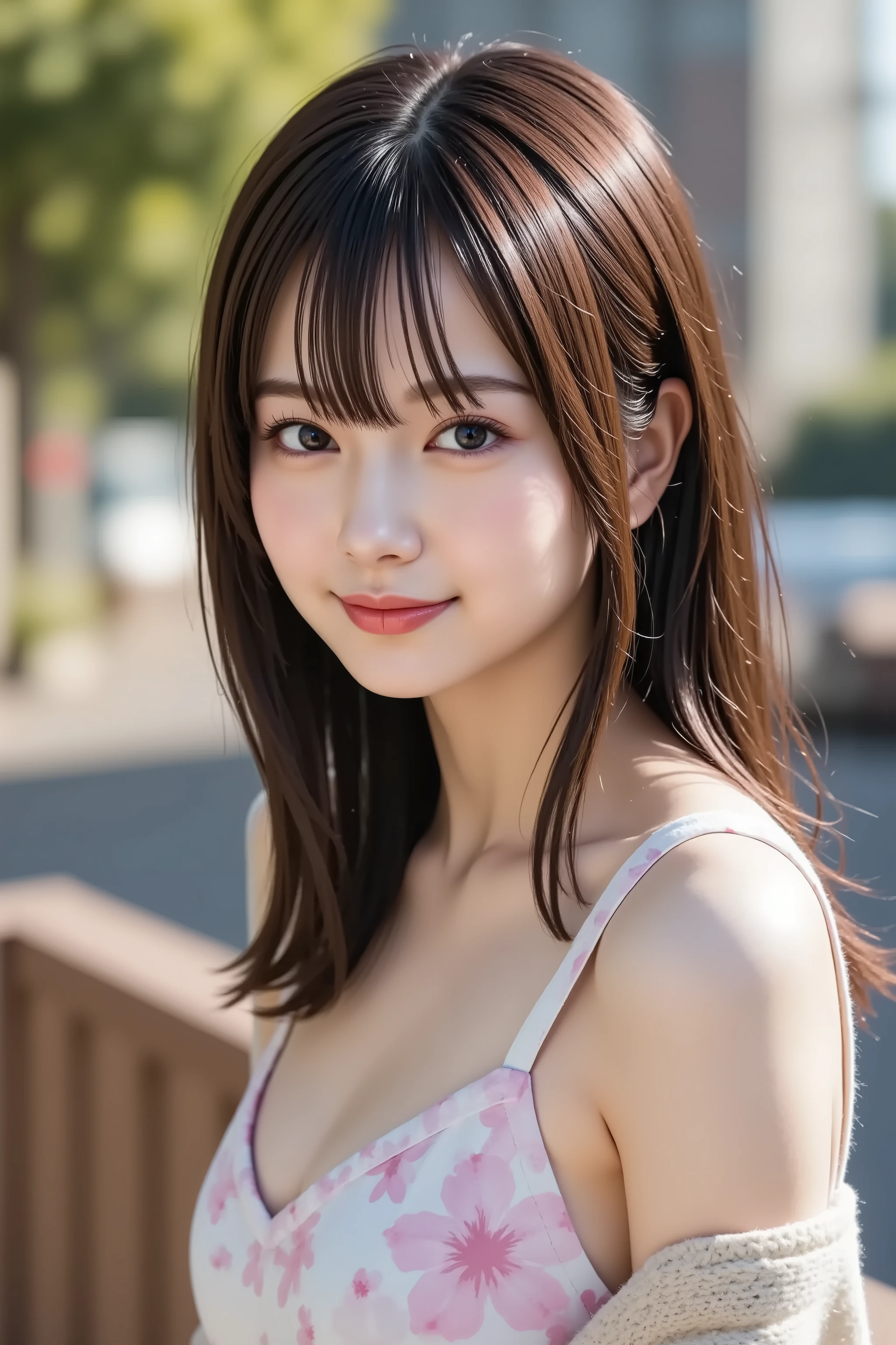 with the face positioned accurately in the center of the image, Upper chest, fine, clean skin、head is fully reflected with tight tension, face is clearly visible as a full body shot, A black rubber suit that is in close contact with the body, Road Background、long black hair around my chest, Bangs, smile, young and cute Japanese face, OFFICIAL ART, high image quality CG Unity 8k wallpaper, Ultra high image quality, very detailed, high image quality, film grain, Lens Flare Glow, top quality, 8k, as a portrait, 8k, viewer, masterpiece, top quality, very detailed, it's cute, sexy, very detailedな, Detailed Features , beautiful, illustration of a woman having a penis, beautiful Japanese woman, Women's 1, Tight chest