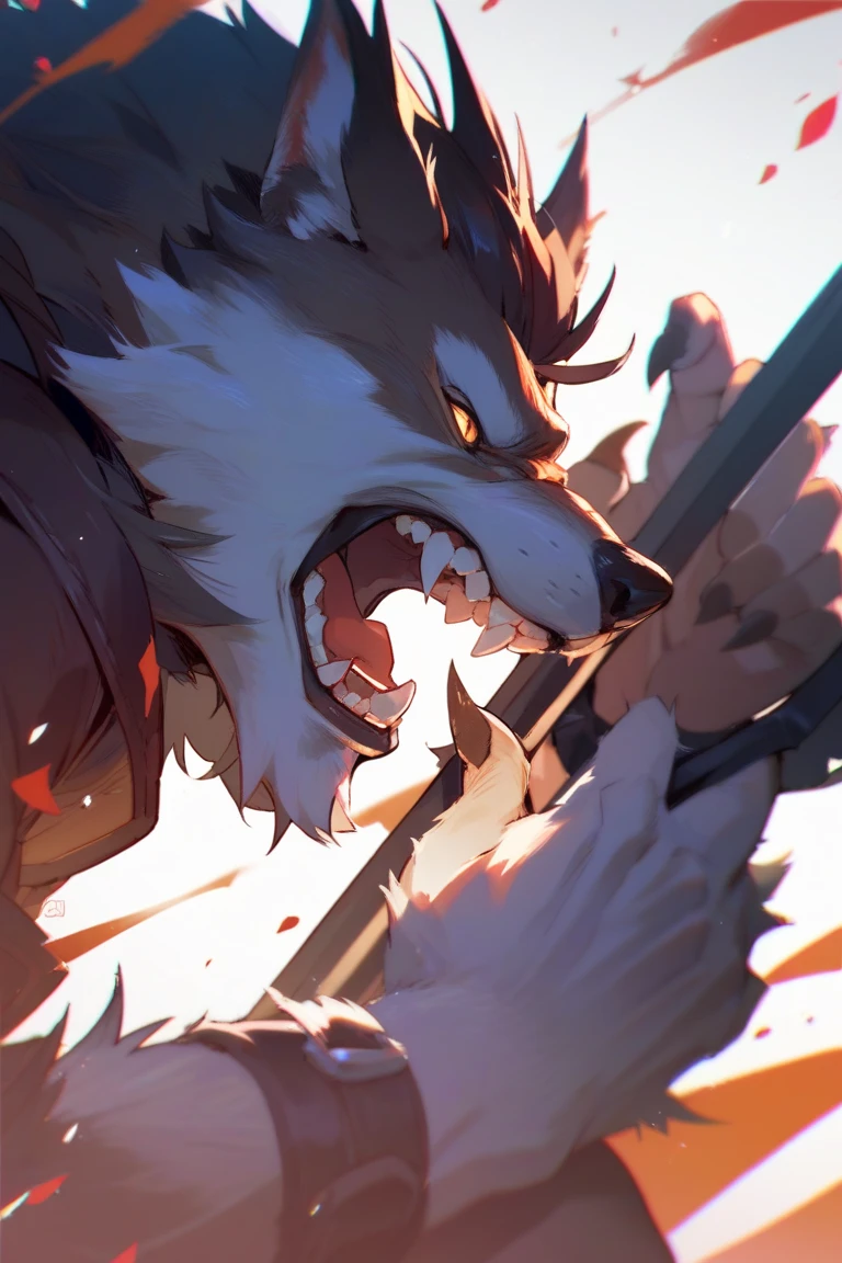 male gray wolf, muscular, licking it's paws covered in blood, looking menacingly at camera with orange eyes, fire on background