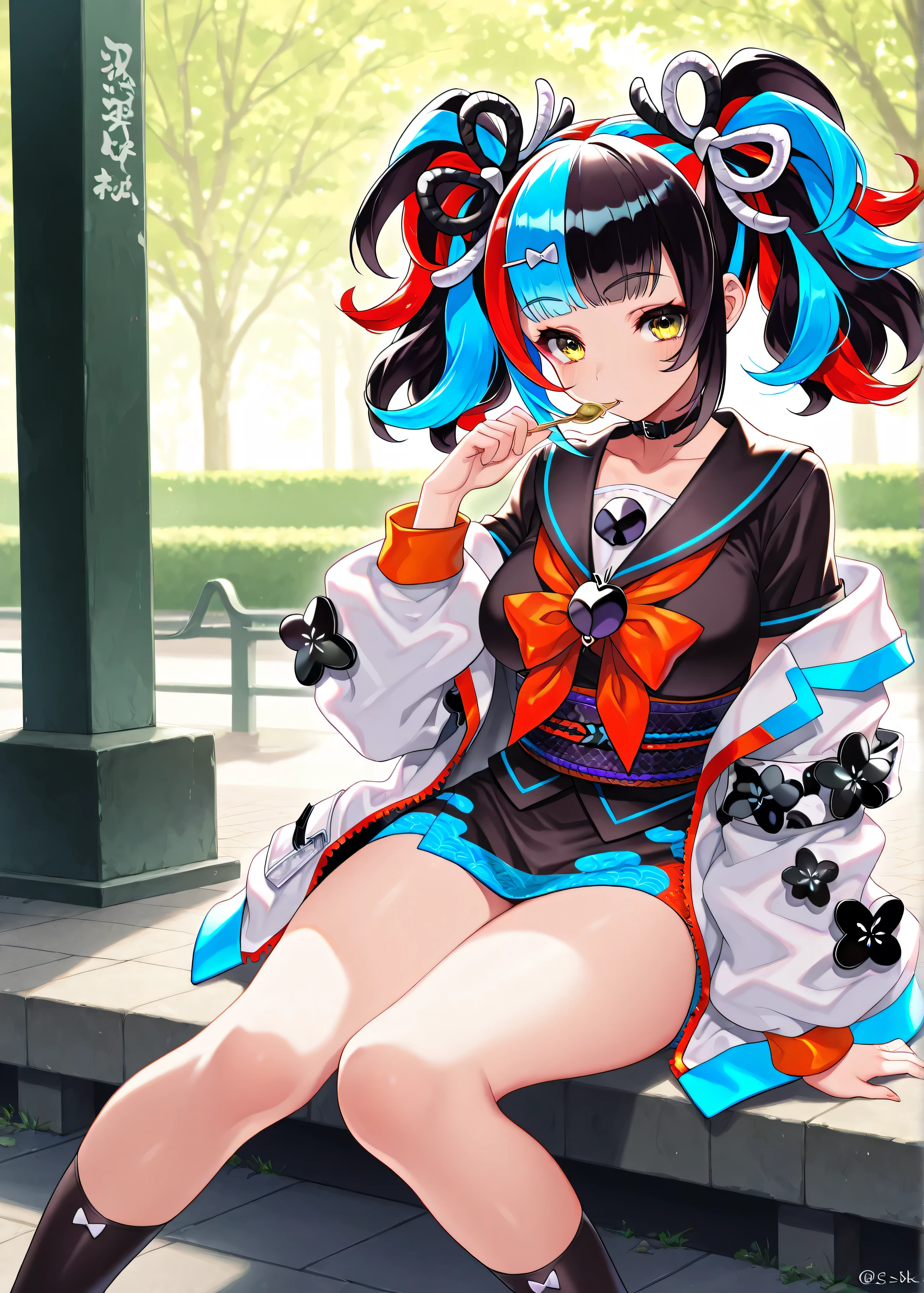 8k wallpaper,Masterpiece, high quality, high quality, very aesthetic, absurd, latest, Masterpiece, high detail, Sei_Shounagon, twintails, multicolored hair, black hair, red hair, blue hair, yellow eyes, hair ribbon, choker, japanese clothes, black serafuku, red ribbon, obi, white jacket, thighs, seductive face, blushing, park area