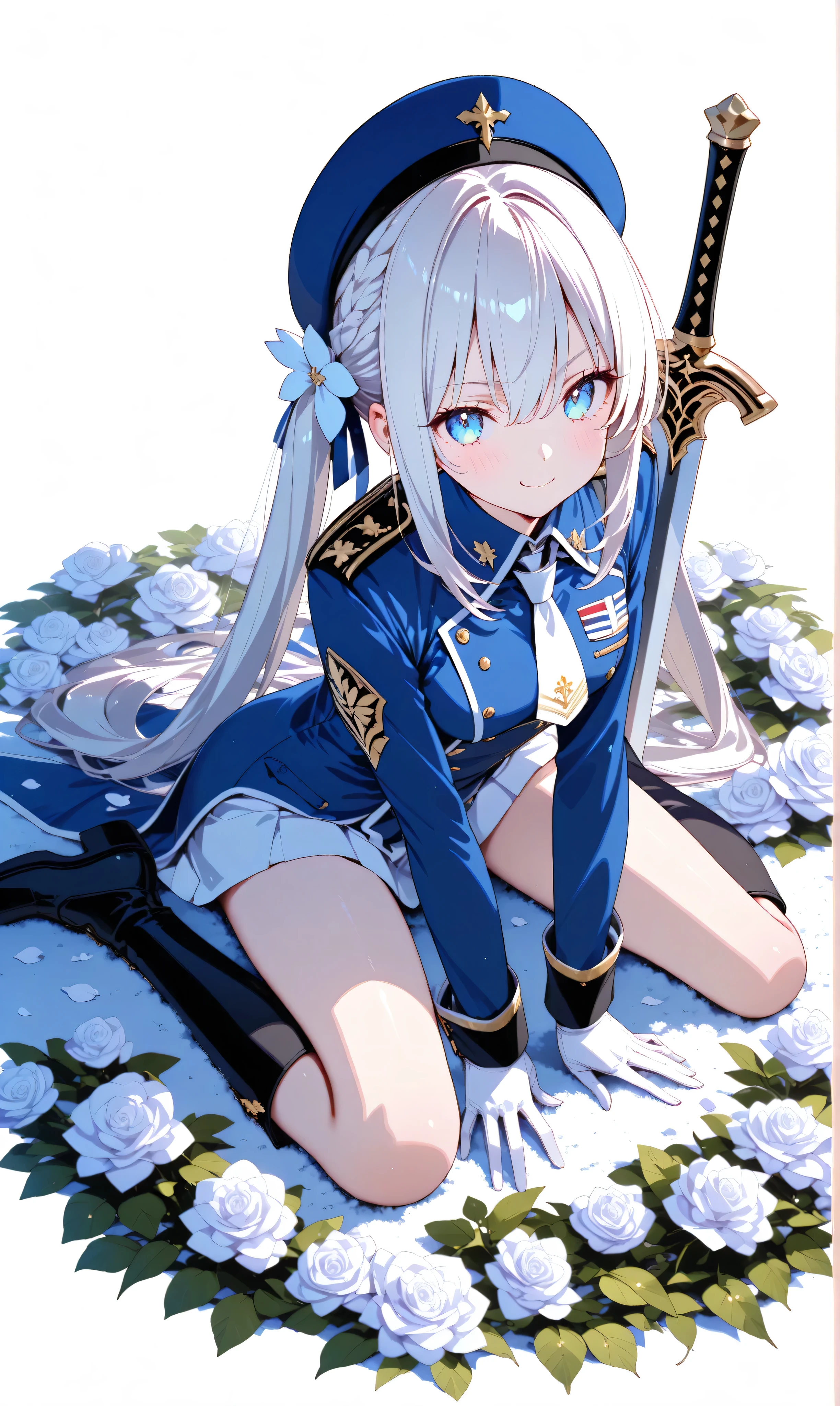 (watercolor:0.4)、( pastel :0.6)、 1 dead girl 、long jet black twin tails、ties faint white highlights with a ribbon、a knight in a military uniform with white roses scattered around、blue eyes。an expression where you can sit on the ground and place a sword on your side、trying to stand up with a small smile。scattered white roses and the battlefield is illuminated by the sun、It makes me feel hopeful、A new beginning。Simple white background that makes the character stand out。