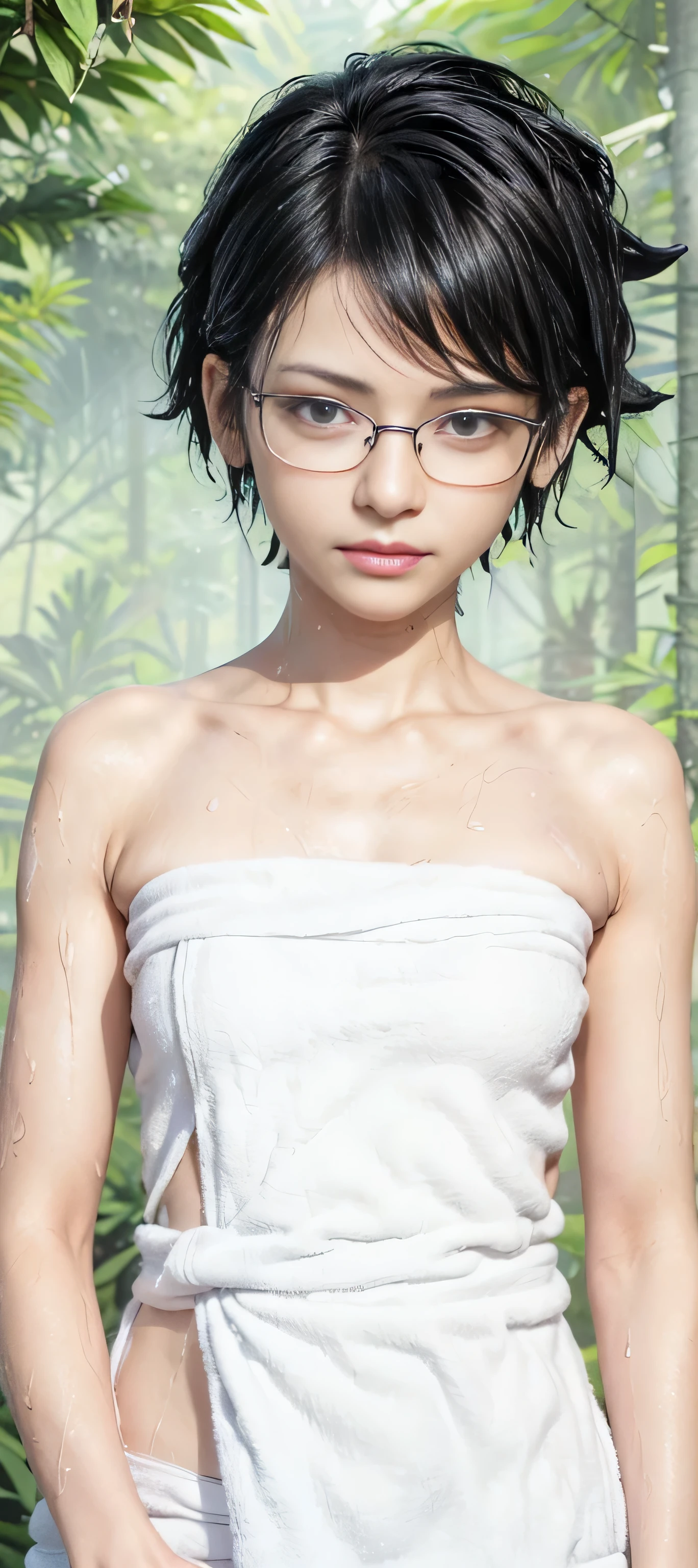 masterpiece, best quality, (realistic,photo-realistic:1.4), (RAW photo:1.2), extremely detailed CG unity 8k wallpaper, delicate and beautiful, amazing,finely detail, official art, absurdres, incredibly absurdres, huge filesize, ultra-detailed,extremely detailed eyes and face,light on face,sarada,(smirk:1.4),(black hair:1.4),(undercut hair:1.7),nature,sarada uchiha ,(wearing black framed glasses:1.5),(wearing final fantasy outfit:1.5),(jungle background:1.5),(white towel:1.5),(wet body:1.5)