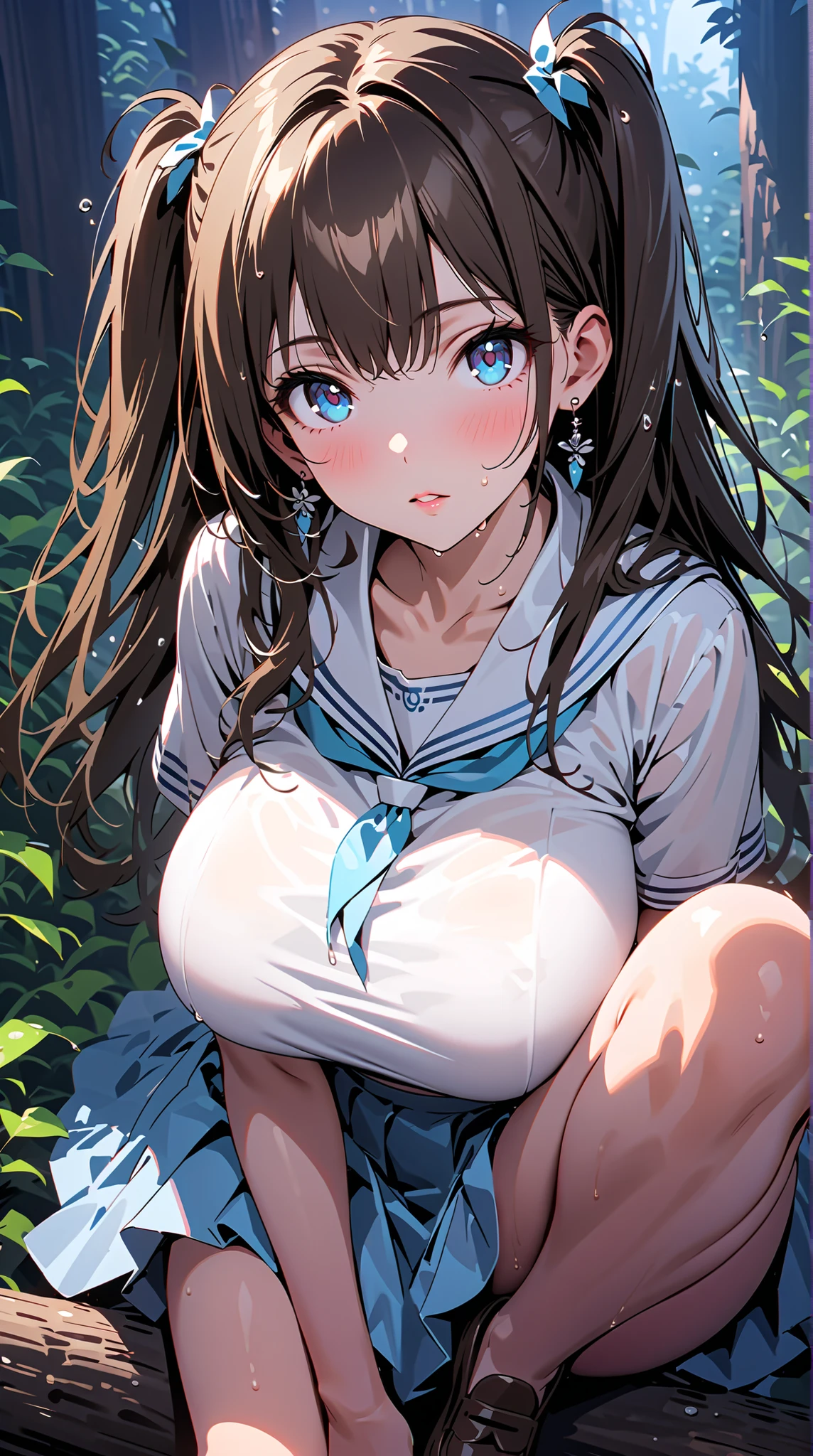((Highest quality))、((masterpiece))、(detailed)、((Anatomically correct))、(High resolution、8hair)、One Woman、aldult、Adult、(look at me)、(Ultra-glossy skin with attention to detail:1.1)、Glowing Skin、Bungeidium Hair、Shiny brown hair、(Beautiful Eyes:1.1)、Slim figure、Thin thighs、E Cup、Accentuate your cleavage、slime、Nipples、((Spread your legs、Put the in the vagina、Dripping love juice))、White collared shirt、White flared skirt、stream、Bright Forest、wood々Sunlight shining through、Glowing particles