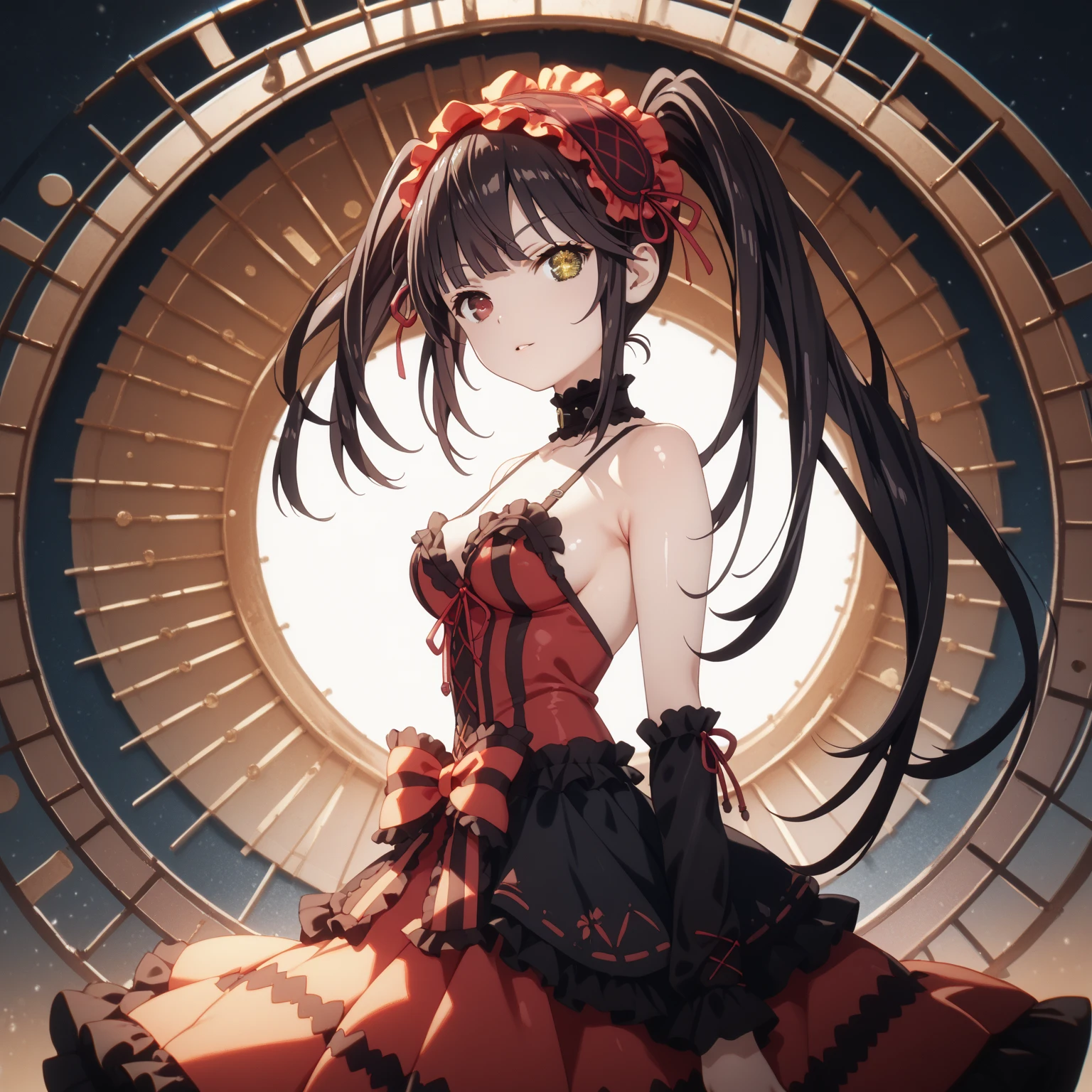 kurumi tokisaki, long hair, twintails, heterochromia, yellow eyes, clock eyes ,symbol-shaped pupils, dress, hairband, black thighhighs, Medium chest, glossy skin, glistening skin, looking at viewer, Tempting body, full body, Boob Tent