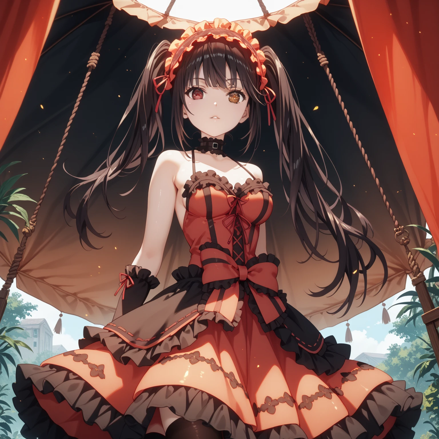 kurumi tokisaki, long hair, twintails, heterochromia, yellow eyes, clock eyes ,symbol-shaped pupils, dress, hairband, black thighhighs, Medium chest, glossy skin, glistening skin, looking at viewer, Tempting body, full body, Boob Tent