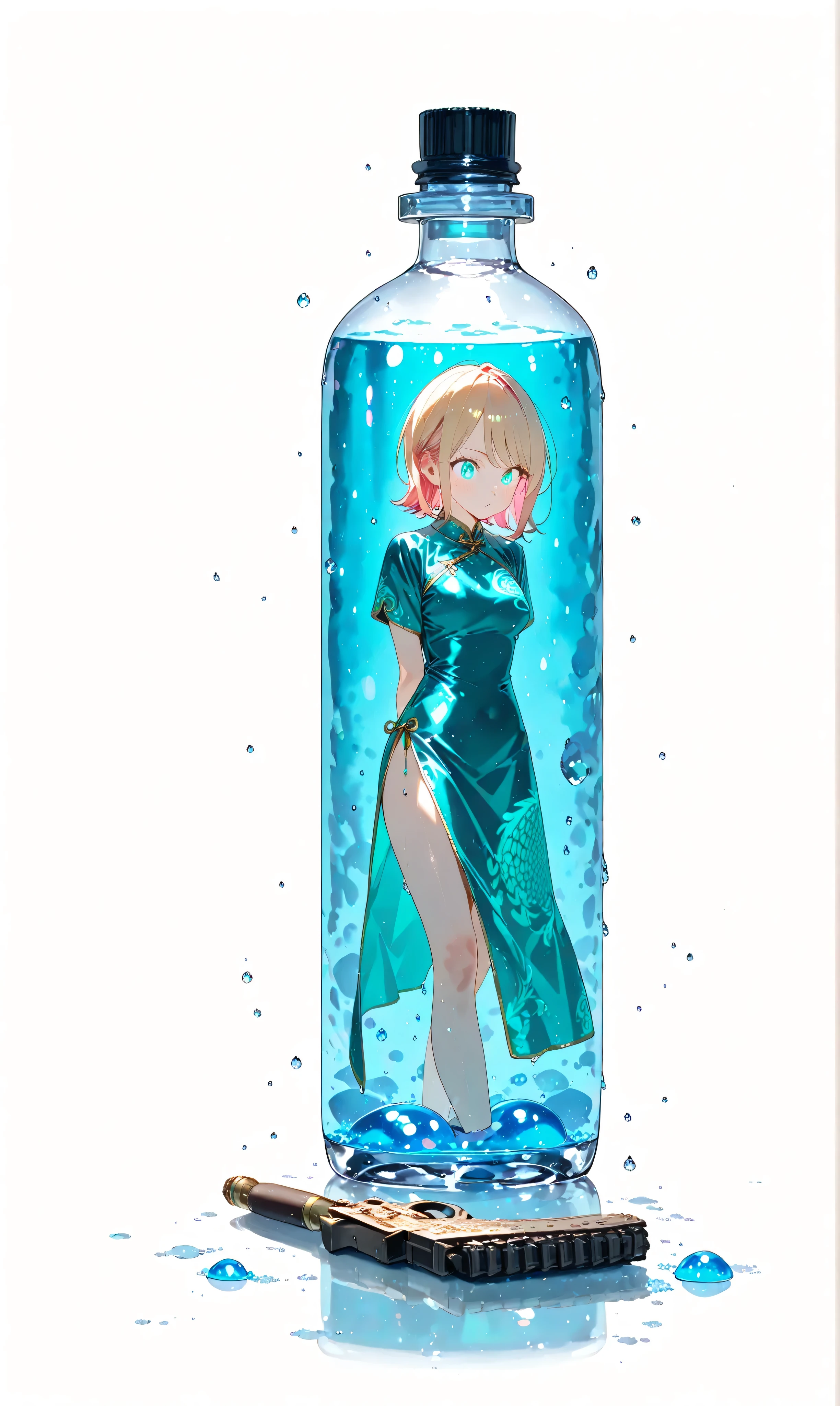 masterpiece, super detailed, 8K Full HD, very beautiful, (watercolor: 0.6), (pastel color: 0.4), Evasion Bullet, ((slow motion:1.3)), ((wrapped in large bullets:1.3)), A lonely girl with short blonde hair in a neat bob , Against a minimalist white background with glowing lanterns and streaks of mist, clutching a pistol with calm precision as opponent’s bullets drift around her in slow motion, Caught in a net of torrential rain . Tiny pieces of magical slime float nearby , She wears a teal Chinese dress with silvery embellishments , Neon lights illuminate a swarm of bullets , Surreal、 Raindrops glittering on her Chinese dress , Still a moment .
