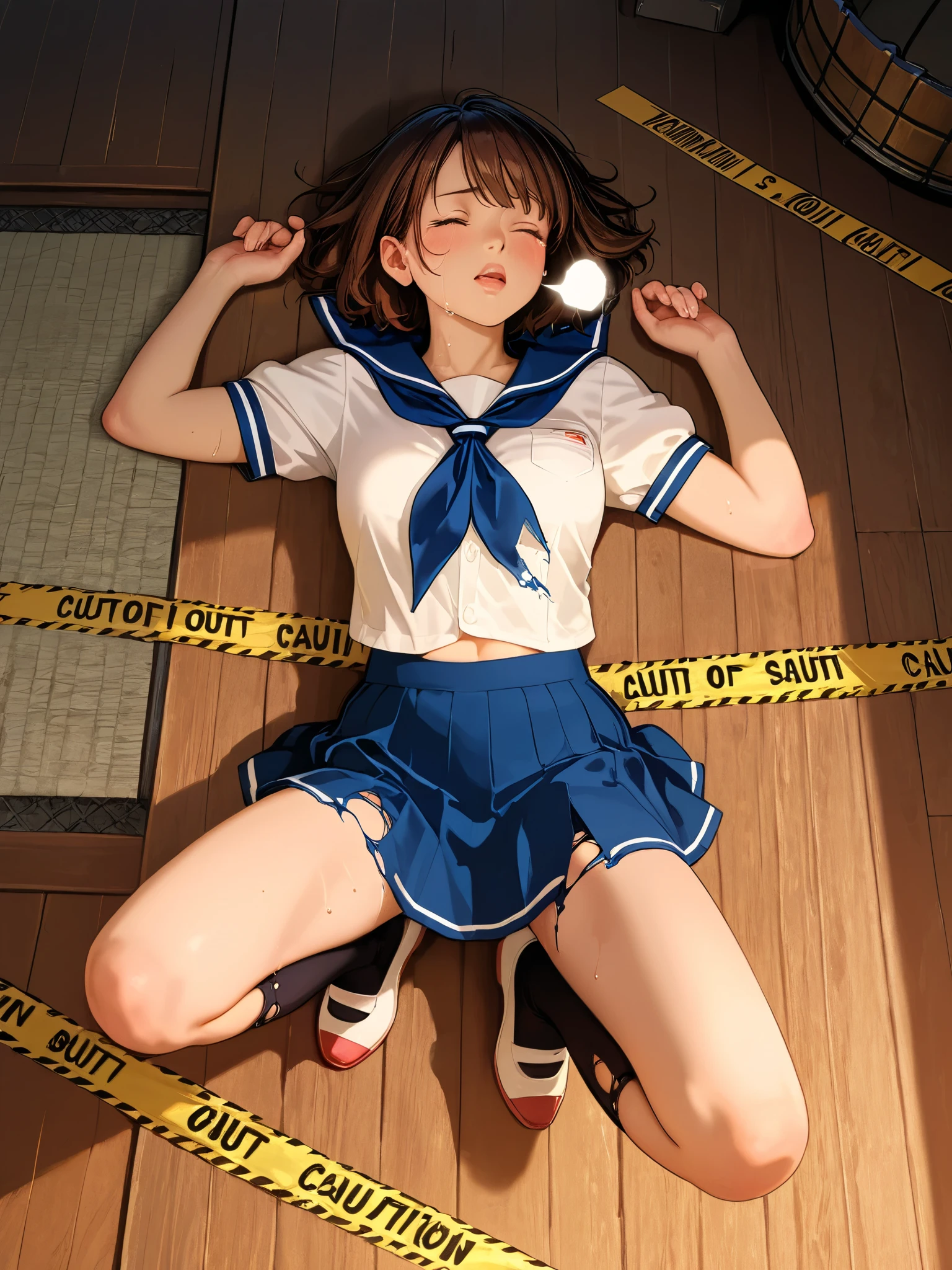 (Best Quality), (masterpiece), very aesthetic, high definition, detailed faces, realistic, 1 girl, Japanese high school girl,supine,M-shaped open legs,white shirt, Chest, sailor suit,miniskirt,(torn clothes :1.1), porn caution, is crying, tears, sigh, , sweat, shock wave, (Hut,wooden),cinematic lighting, diffraction spike, Full Body,(lots of semen on their faces),sperm