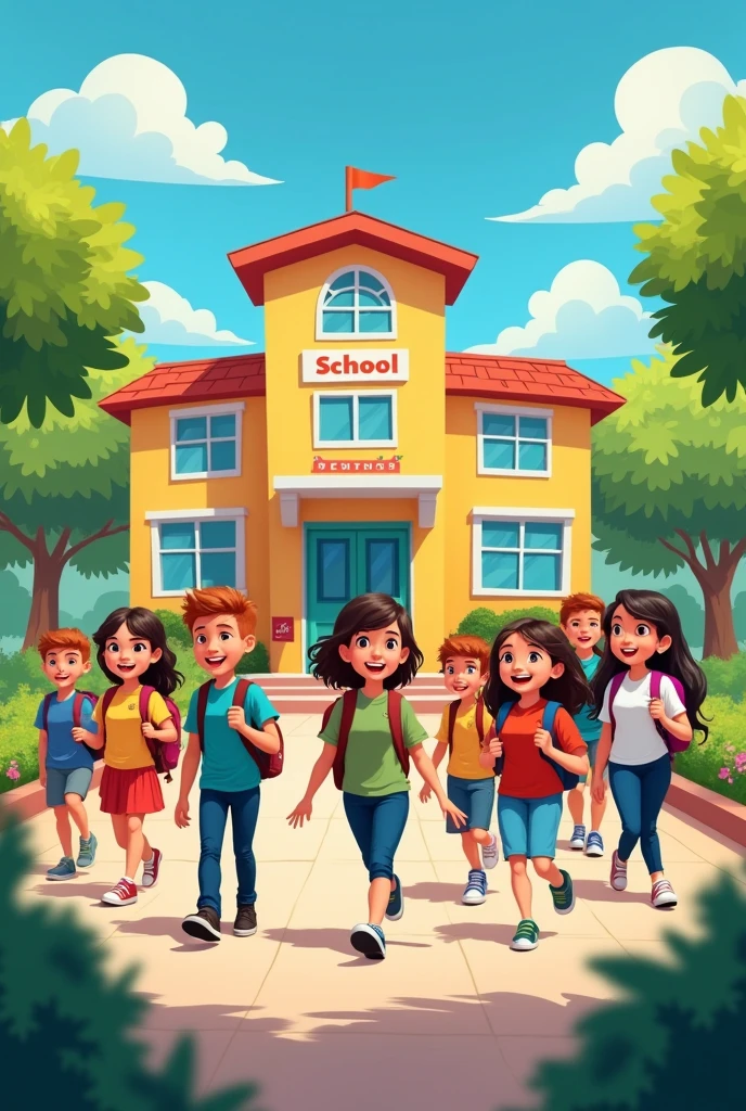 the front of a school, with a sidewalk. some children walking, very colorful image, 2D style drawing. wide angle drawing. wide angle. -ar 16:9