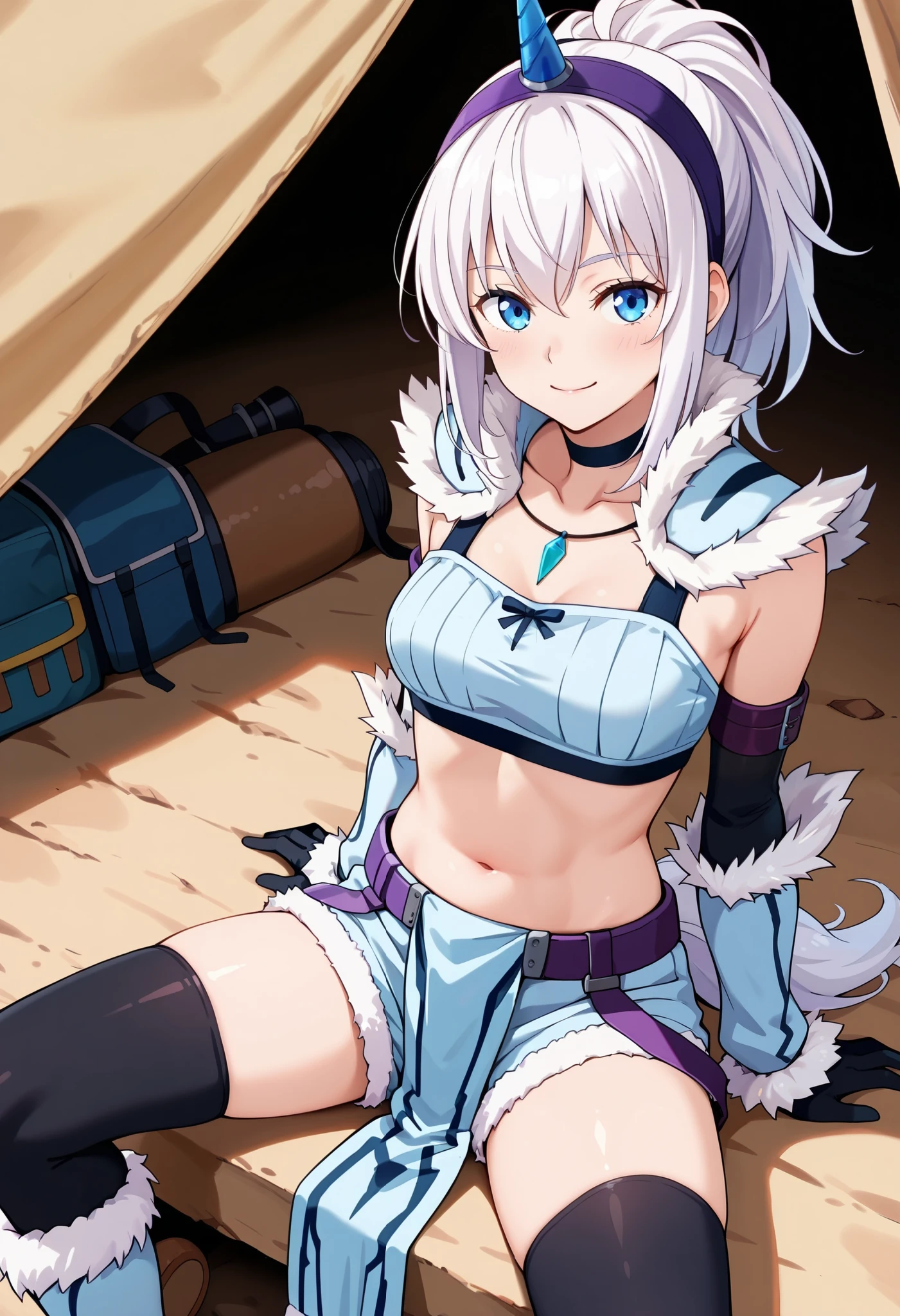 (score_9:0.9),score_8_up,score_7_up,rating_explicit,anime_style,(zPDXL),kirin beta armor,purple_single_horn_hairband,white detached sleeves,BLAKE,ung_girl,solo,blue eyes,looking at viewer,sitting,smile,plain_background,medium breasts,,closed mouth,collarbone,white bandeau,white loincloth,white_knee_boots, camp, campdire,black_knee_highs ,white_tubetop,open_legs,(abs:0.7),(white_hair:1.4),spikey_hair,white_chest_armor,white_fur_waste_armor,white_very_short_shorts,covered_crotch,
