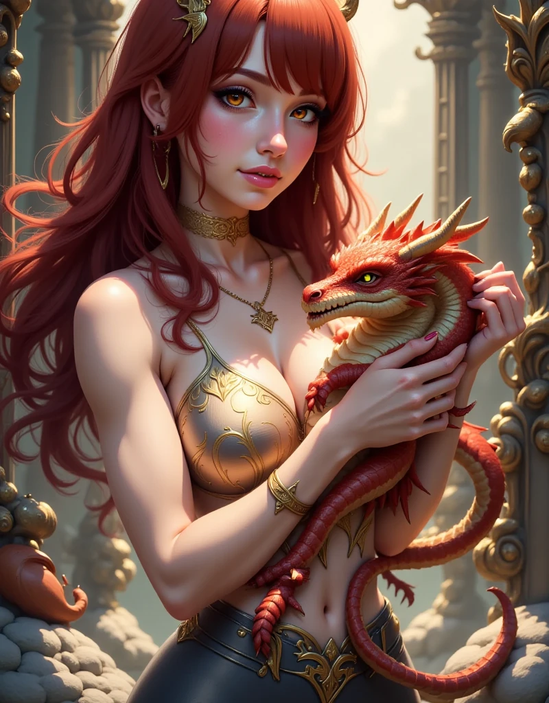 (best quality,4k,8k,highres,masterpiece:1.2, portrait), ultra-detailed, realistic, naked sexy dragon woman with red and gold glittering scales, skin is glittering ruby and golden scales, long wavy blonde hair with red highlights, very playful but mischievous smile, huge tits, gigantic breasts, naked, nude, detailed crotch, detailed vulva, sexy pose, playful, bi-coloured eyes, heterochromia, lustful