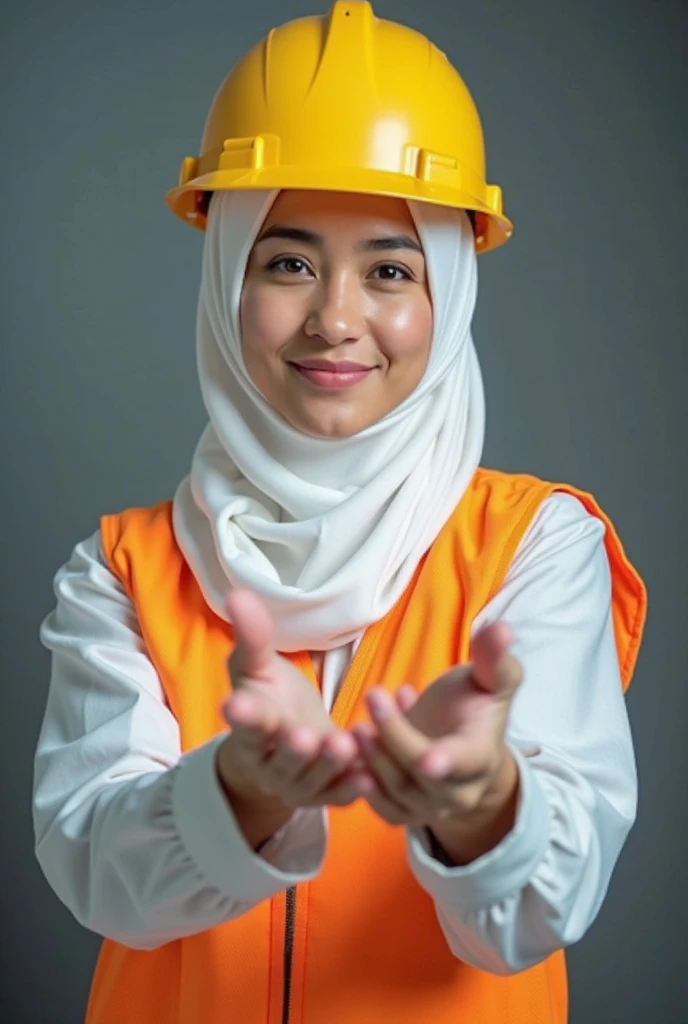 woman wearing a hijab wearing a black shirt with a TERNATECOM logo on her left pocket, very large, raising her thumb, with a beautiful Indonesian face is selling smartphones