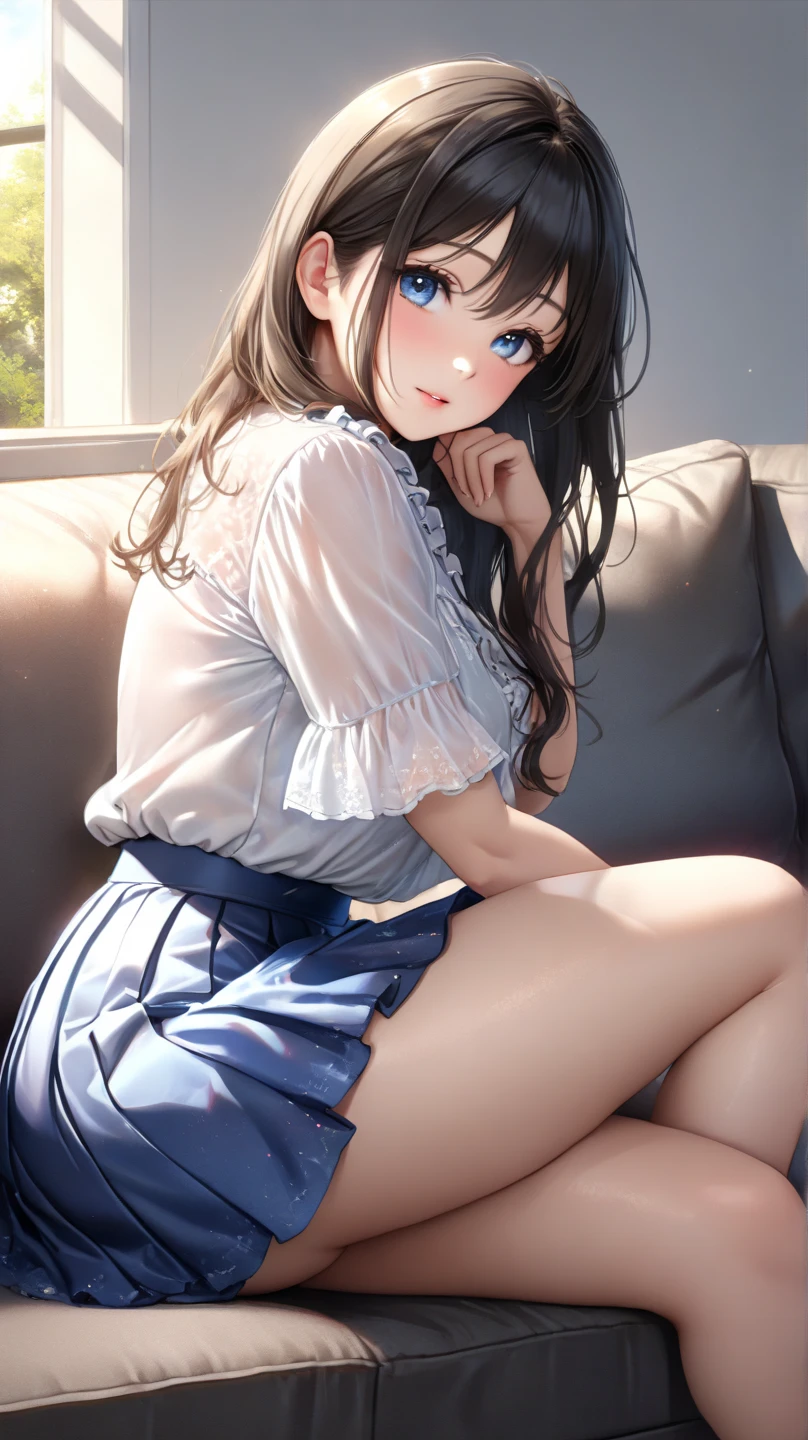 Masterpiece, hiquality ,Dynamic Angle, uncensured, Cowboy shot, 18yo, 1girl, , solo, Hermione Granger, anime girl ,School White Shirt, wet shirt, Very short skirt, Highly Detailed Beautiful Face and Eyes, Beautiful skin, black hair, limestone skin color, Wet, blushful,, Perfect anatomical smile, bed room, bright sunlight, thights, wide thighs, Athletic hips, trembling, Sits, armchair, teats