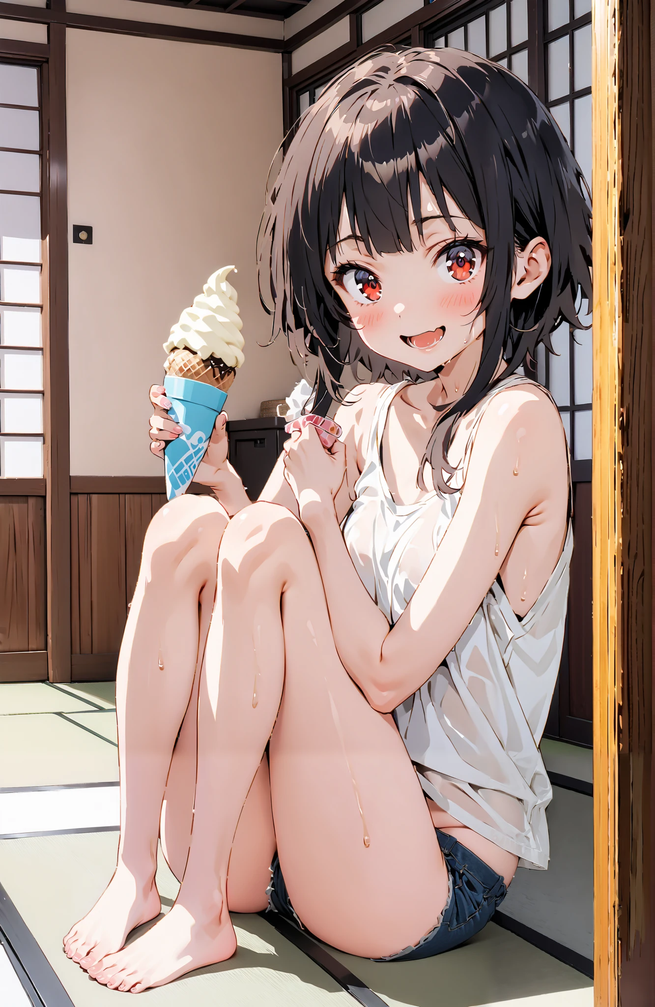 fisheye,freezer,eat ice cream,(depth of field:1.1),1girl,(sweat),nude,multicolored hair,black hair,messy hair,blue eyes,shiny skin