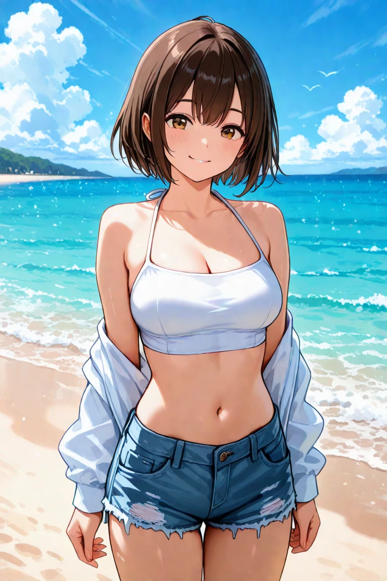 (Highest quality、masterpiece、High resolution、8K)、Vibrant colors、Young and beautiful woman 1、whole body、Brown and black short bob、barefoot、(Detailed face、Beautiful Eyes、Beautiful nose、Pretty lips)、Beautiful cleavage、A woman wearing a white T-shirt and shorts、Ride along the sandy beach、Surprised Smile、Official Art、The background is the sea、blue sky、White waves and wide sandy beach、Wide forest、White Entrance Cloud、