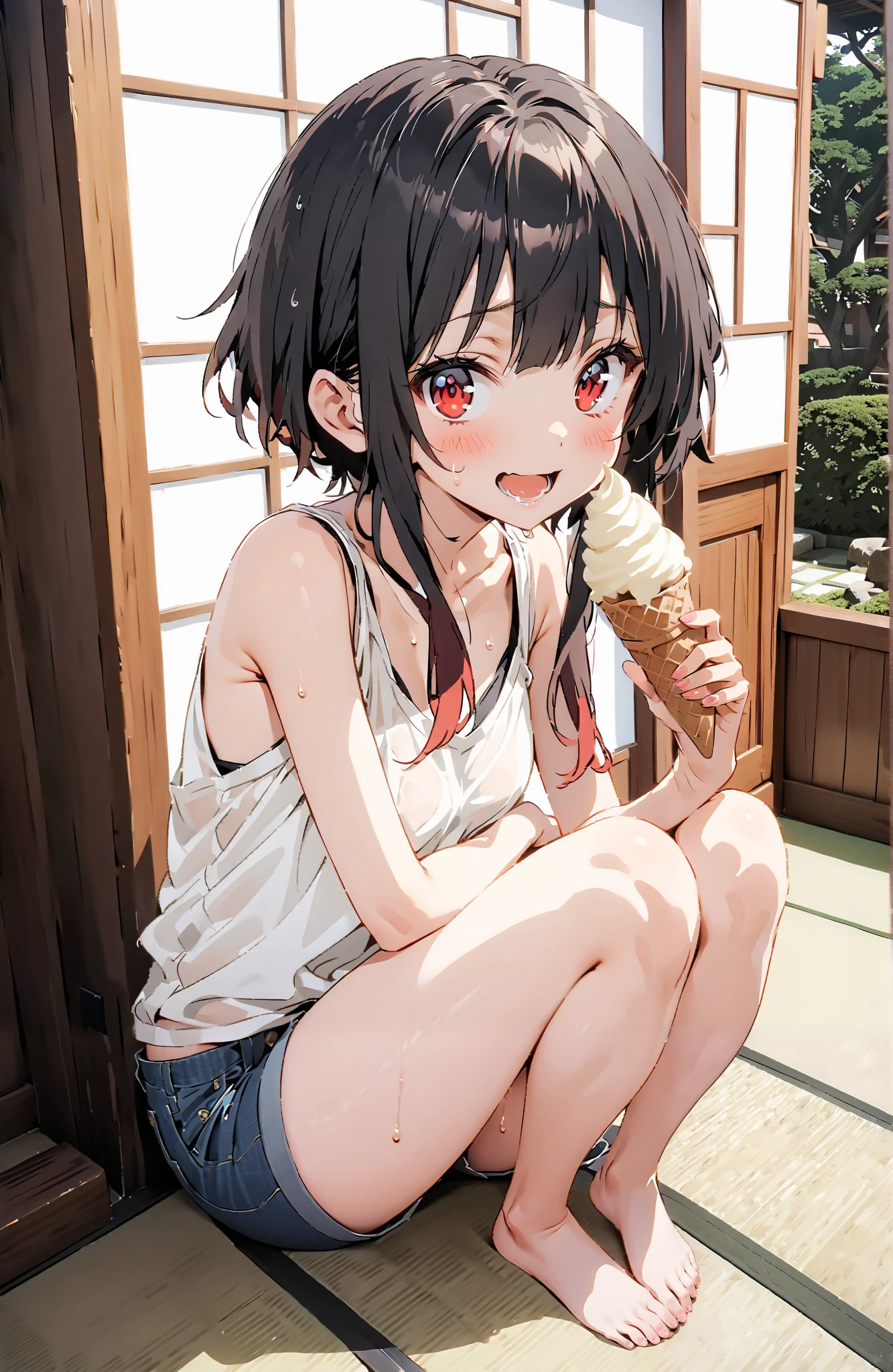 score_9, score_8_up, score_7_up, source_anime,
konosubaMegumin, Megumin, short hair, black hair, red eyes, short hair with long locks,smile,blushes,open their mouths,sweat,see-through,Loose tank top,denim micro shorts
,Bare legs,Holding soft serve ice cream with one hand,eating soft serve ice cream,sweat, sitting on the veranda,tatami,Japanese-style room,noon,sweat,Japanese Garden,full bodyがイラストに入るように,break indoors,縁側,
break looking at viewer,full body,
break (masterpiece:1.2),top quality , kampala, Unity 8K Wallpaper ,(shape:0.8),( fine, beautiful eyes :1.6),It's a person ,full body写真,CG Details , (perfect hands,complete anatomy),