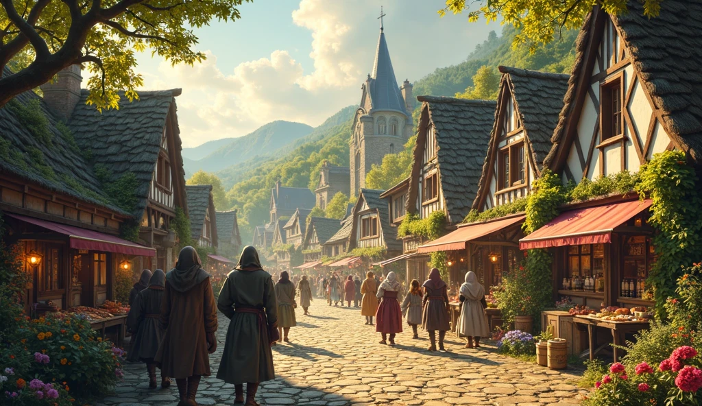 A lively medieval village during daytime, with cobblestone streets ...