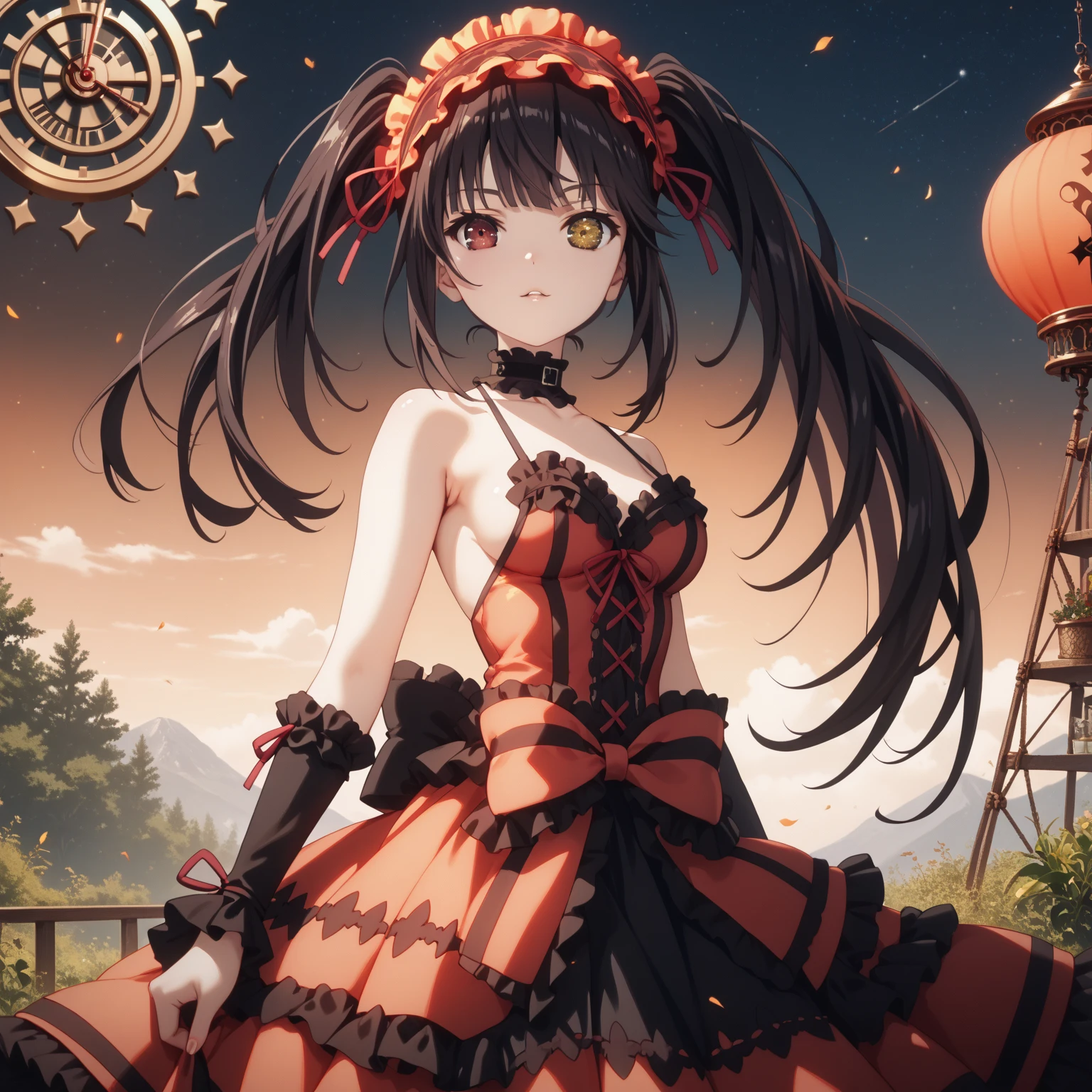 kurumi tokisaki, long hair, twintails, heterochromia, yellow eyes, clock eyes ,symbol-shaped pupils, dress, hairband, black thighhighs, Medium chest, glossy skin, glistening skin, looking at viewer, Tempting body, full body, Boob Tent