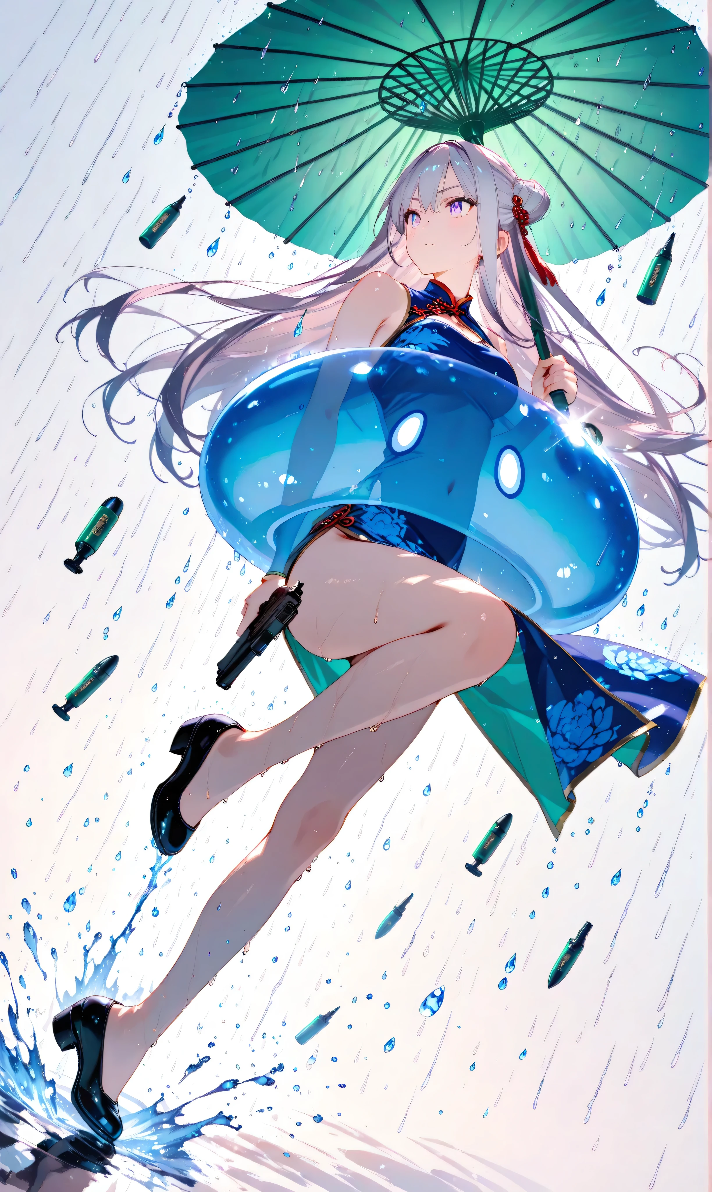 Experimental Girl, Blank expression, Trapped in a liquid-filled device, Connected to a tube, Unfocused eyes, best quality, masterpiece