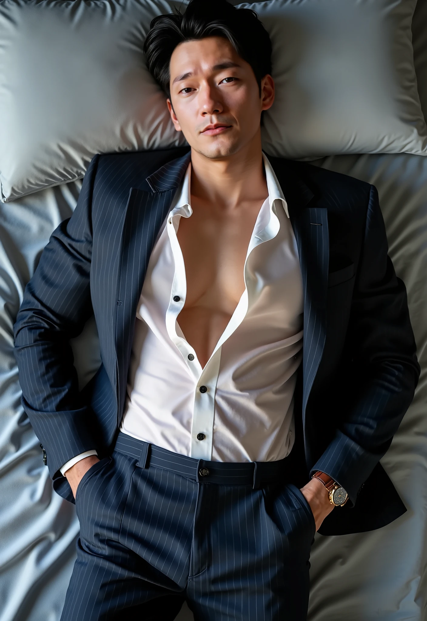 Asian man(korean,vietnamese,chinese,Japanese), 30 years old, Handsome and elegant,beardless, Wearing a transparent shirt, sexy , Masculine and handsome,musculous,Muscles look good,hairy bodies, with fair skin,, Full body photo,(ultra-detailed, photorealistic, best quality, 4k, 8k, highres, masterpiece:1.3), charming , (muscular build body), wearing tailored shiny dress shirt, with the top button casually undone, perfectly fitted charcoal trousers, sweat, unbutton buttons shirt, lewd face ,tight chest, sex, erotic, horny, Accessories include a luxury wristwatch in the Classroom,looking at viewer,muscle veins, sexy posing,lying on your back in classroom,top view,surrounded by boys,sex appeal