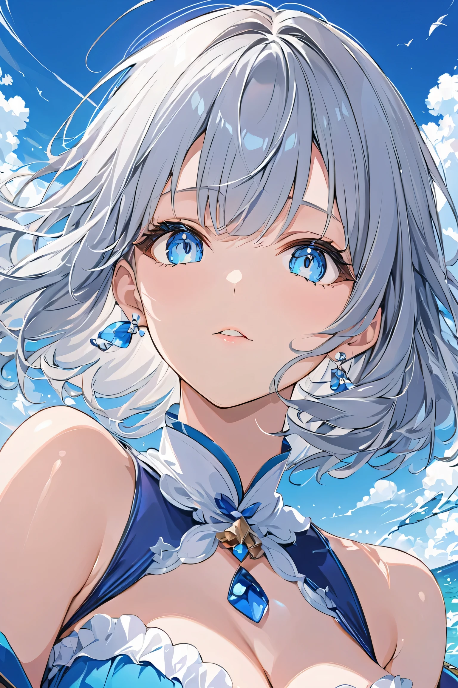((anime:1.2)) (top quality, 8k, 32K, masterpiece, Ultra High Definition:1.2)、 girl、The hair is gray hair with highlights that are mixed with blue and white、