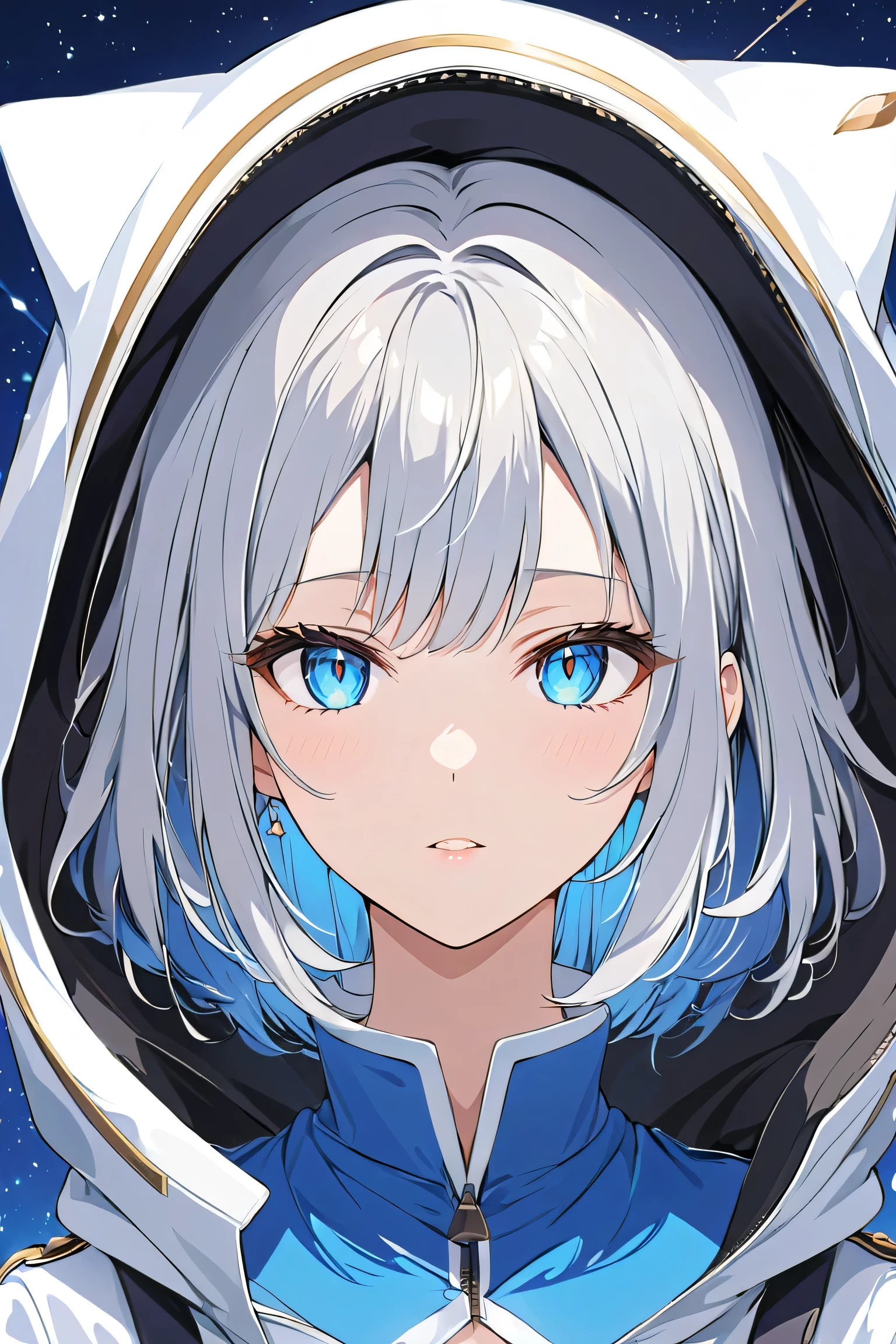 ((anime:1.2)) (top quality, 8k, 32K, masterpiece, Ultra High Definition:1.2)、 girl、The hair is gray hair with highlights that are mixed with blue and white、