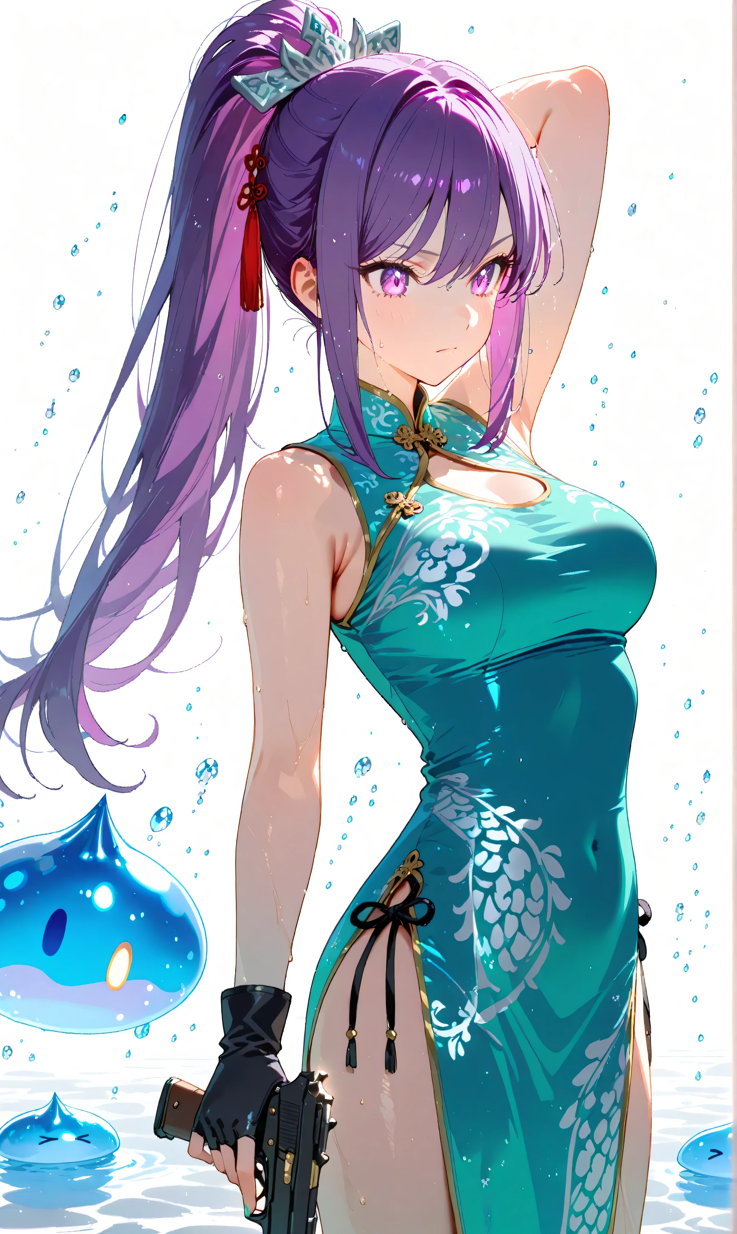 masterpiece, super detailed, 8K Full HD, very beautiful, (watercolor: 0.6), (pastel color: 0.4), Evasion Bullet, ((slow motion:1.3)), ((wrapped in large bullets:1.3)), A girl with long purple hair in a high ponytail, wearing a blue-green Chinese dress with silver decorations, holding a pistol with quiet resolve as opponent’s bullets swirl around her in slow motion, caught in a violent whirlpool. Little magic slime drifting nearby, Her figure floating on a white background、shrouded in glowing lanterns and fog, Neon light makes the barrage stand out, Raindrops shining on the China dress are unreal, Frozen scene.