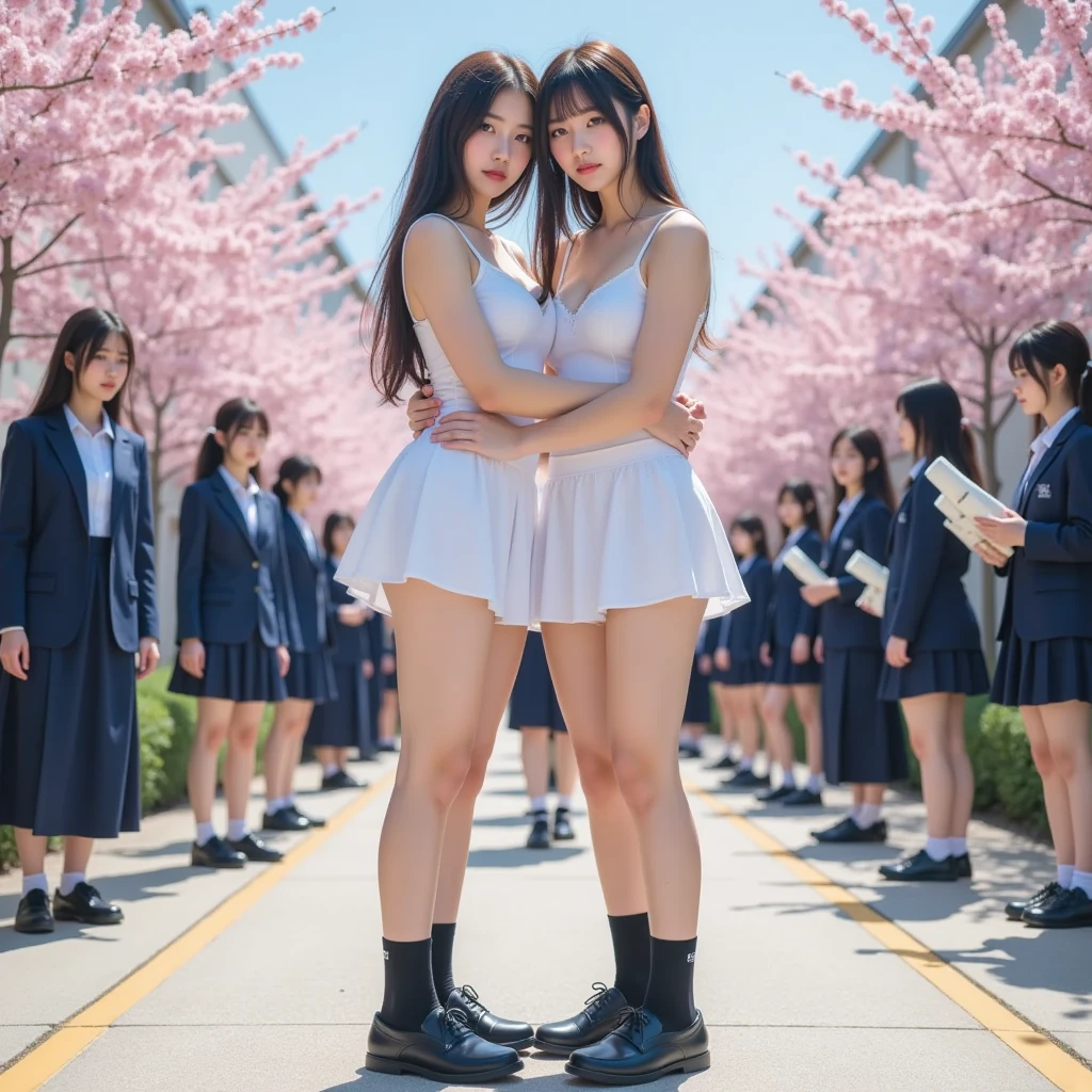 Super Giant Girl Art, Surreal school girl, Super giant twins, Highly detailed supergiant shot, Extremely large twin giantess, Semi-long hair, sit, On all fours, Big Breasts, 16yo, Twins, Cute Smile, 2 people, Chest to chest, Super huge schoolgirl, Much taller than a skyscraper, Very detailed depiction, Light blue blazer, Grey tie, Blue mini skirt, White Pantyhose, very small metropolis, Miniature metropolis, The building is as small as a grain of rice, 足元までの高さもない超Miniature metropolisで, Miniature metropolisを下にして, sit超巨大女子高生, Full body description, Hmph, giga giantess, tera giantess, White Pantyhose, Pantyhose legs, Pantyhose Legs, ,Stomping City,Crush City,Small Town,Micro City