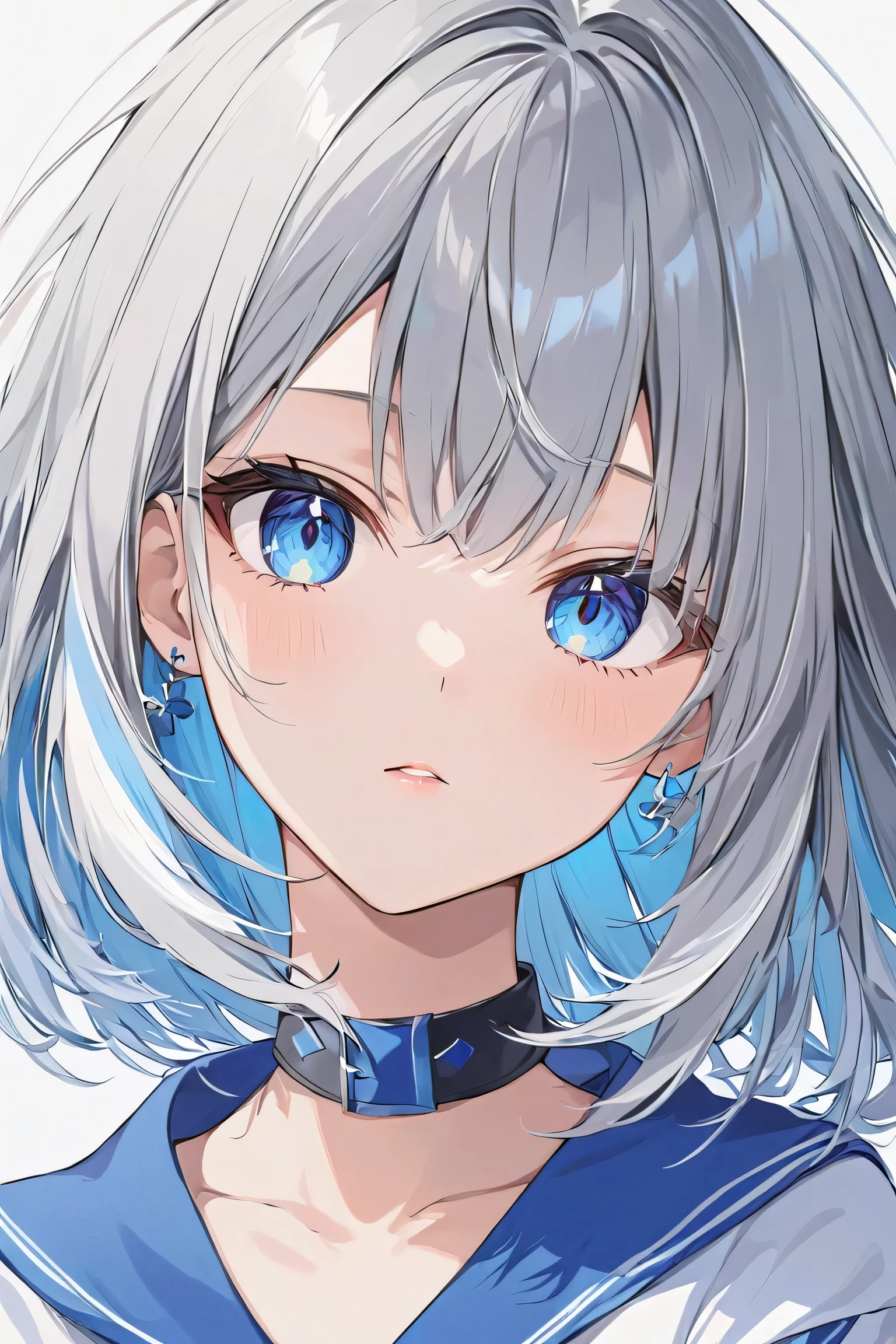 girl、Gray hair with highlights mixed in with blue and white、