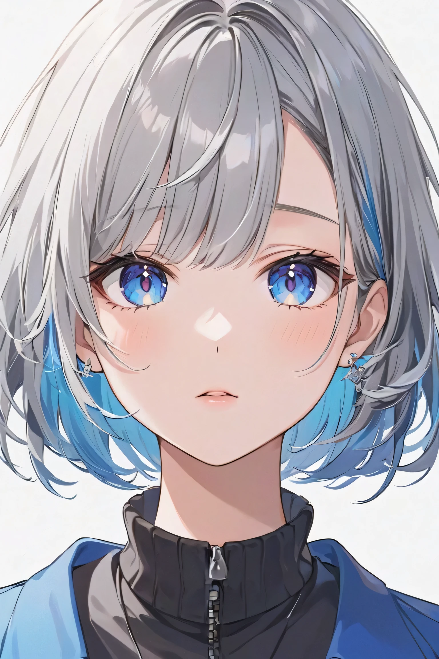 girl、Gray hair with highlights mixed in with blue and white、
