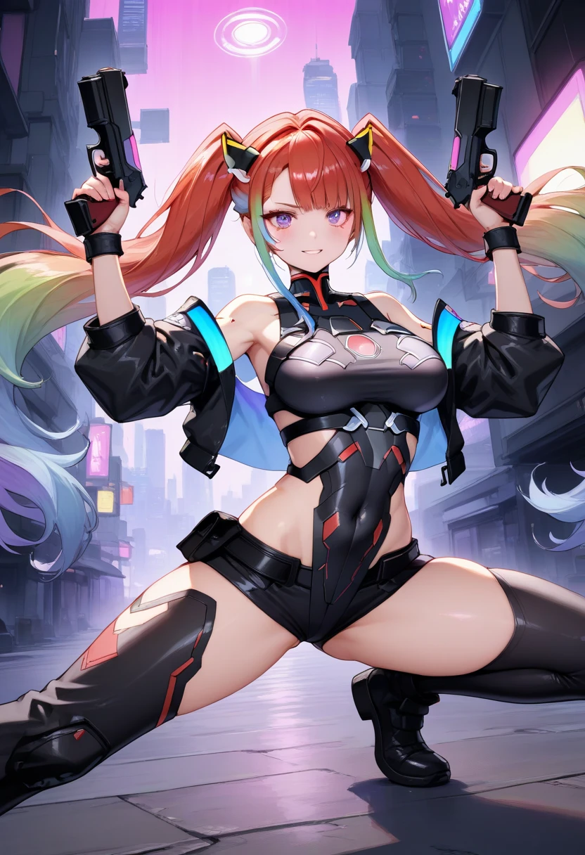 Full body shot, Female asian Irina Shidrou red hair twintails green eyes, in a cyberpunk city, wearing a bomber jacket and crop top and denim shorts and diamond earrings and golden choker, open mouth, holding a laser rifle, shooting a laser rifle, frontal shot, side profile shot, rear shot, back shot, behind shot, full body shot, masterpiece, highly detailed, clear detailed legs, two legs, two legs in focus, high definition, high resolution,