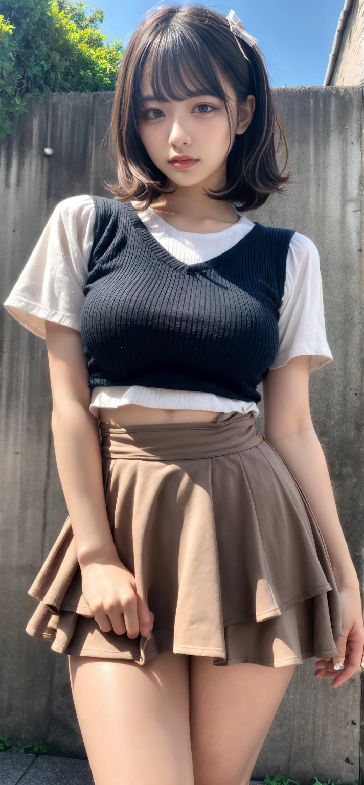 ((best quality, 8k, masterpiece :1.3)), Sharp focus, Upper Body:1.2, Beautiful woman with perfect body :1.4, Slim abdominal muscles :1.1, ((Layered Hairstyle, Black Hair)), (Vest, Denim shorts skirt, sitting), ((roof, midnight:1.3)), Highly detailed face and skin texture, Delicate eyes, double eyelids, Smile, armpit，A side herding dog