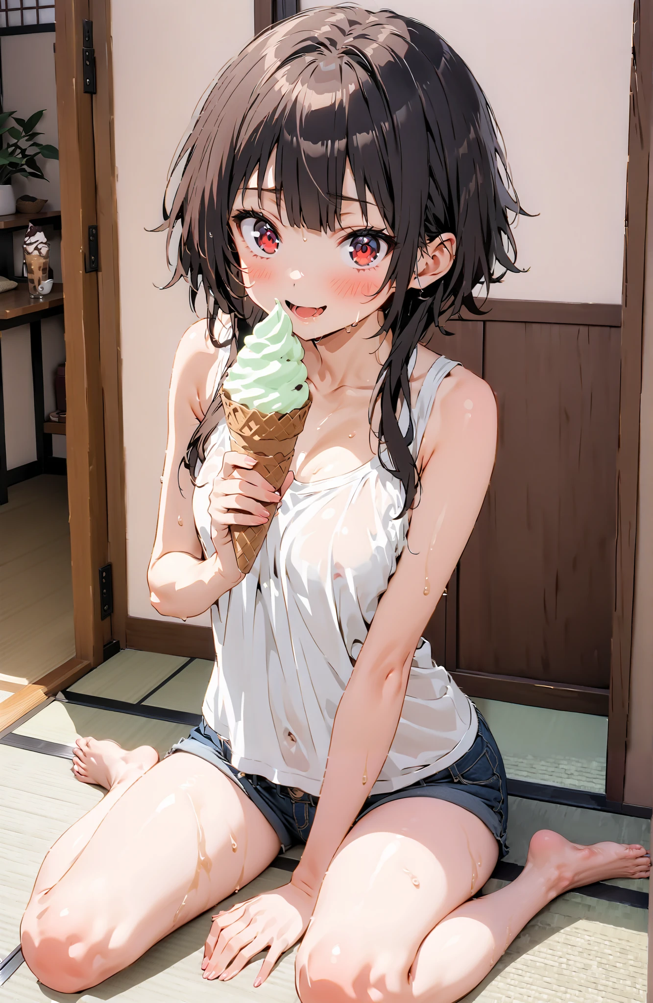 score_9, score_8_up, score_7_up,  source_anime,
konosubaMegumin, Megumin, short hair, black hair, red eyes, short hair with long locks,smile,blushes,open their mouths,sweat,see-through,Loose tank top,denim micro shorts
,Bare legs,Holding soft serve ice cream with one hand,eating soft serve ice cream,sweat, sitting on the veranda,tatami,Japanese-style room,noon,sweat,Japanese Garden,full bodyがイラストに入るように,break indoors,縁側,
break looking at viewer,full body,
break (masterpiece:1.2),top quality , kampala, Unity 8K Wallpaper ,(shape:0.8),(  fine, beautiful eyes  :1.6),It's a person ,full body写真,CG Details , (perfect hands,complete anatomy),