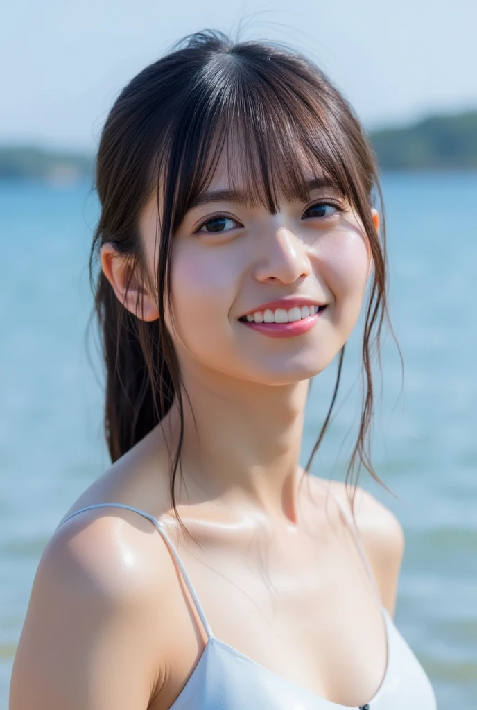 ((Extremely precise and accurate anatomy)), (masterpiece:1.43), Perfect balance, Realistic photos, Shrapnel:1.22、One in his 20s、young woman、Very realistic、High resolution photos、Wavy, Shoulder-length chestnut hair、Grace from the shoulders down、The eyes are a striking green with gold flecks.、Natural arched eyebrows、The skin is white and smooth、naturals, Healthy shine、Straight and white teeth、A micro bikini made from soft and lightweight fabric for a snug fit.、Sunlit beach in the evening、The sea swaying in the wind、Clear deep blue sky with white clouds、The sunlight is warm and golden、Natural highlights and shadows that accentuate facial features and clothing textureakeup is minimal and naturals、Light Foundation、A faint blush、Subtle eyeliner、A little mascara々、Soft pink lip color、Mr.々pose、Make different facial expressions、Wavy hair、A sense of movement and vitality、(((Shallow depth of field effect)))、Image focus、The atmosphere is warm、The energy of joy、Natural Beauty, big breast size, detailed face.