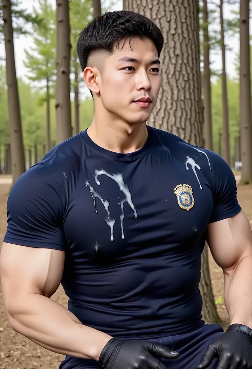 20-year-old boy ,Korean male officer ,...,handsome ,Wear a dark navy short-sleeved shirt............., wearing nothing, Wearing only Dark navy thong , no pants, Black boots and dark navy gloves, standing backward, sit on the ground ,nude, perfect , male , 1boy, solo, male focus, standing back, backward to viewers, showing huge male butt, round muscular ass, His legs spread apart.............................., Police Logo ,tight ,Muscle Man , ((The arm muscles are very large.................)) ,large , Wide shoulders ,..................................... ,Sexually suggestive, (Dynamic Poses:1.1) , thights , (Embossed Focus:1.2),......................., ,It's raining ,Mud Pond , Best qualtiy , Wide lens ,deep depth of field ,Bokeh background