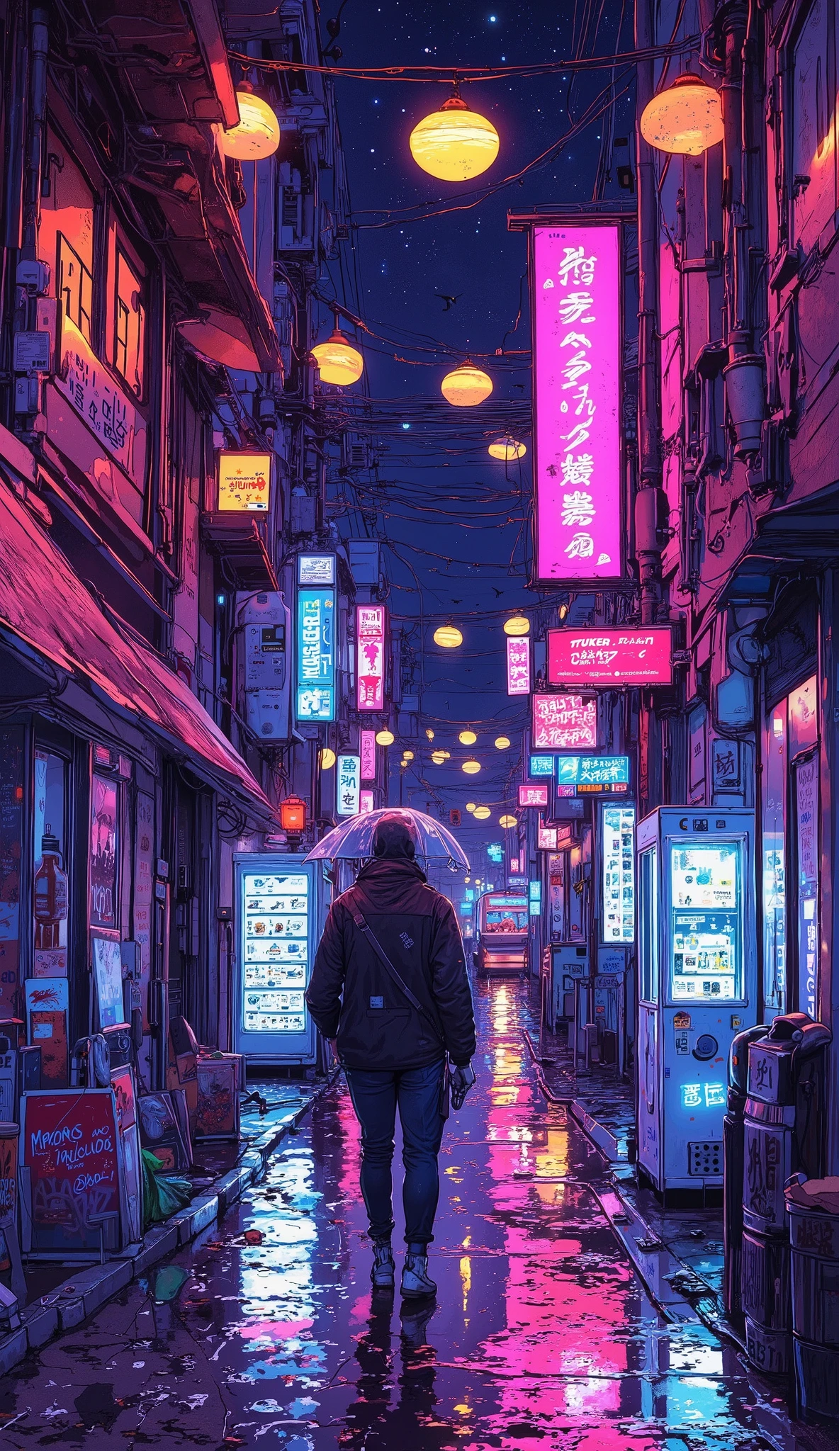 A narrow alley in a futuristic neon-lit city, slick with rain reflecting the vibrant glow of holographic billboards. The walls are adorned with neon graffiti, shifting between animated symbols and cryptic messages in a forgotten language. A solitary figure in a sleek cybernetic jacket walks through the alley, the soft hum of their neon-lined boots echoing against the wet pavement. Their umbrella is transparent, edged with glowing blue circuitry, shielding them from the soft drizzle that distorts the reflections of the neon signs. Above, neon lanterns float lazily in the air, tethered to invisible wires, casting an eerie pink and purple glow onto the surrounding buildings. A distant train hums through the elevated tracks above, while neon-lit vending machines flicker on the sidewalk, offering glowing, futuristic drinks that pulse with an electric hue. The air smells of rain, metal, and something synthetic yet oddly nostalgic.