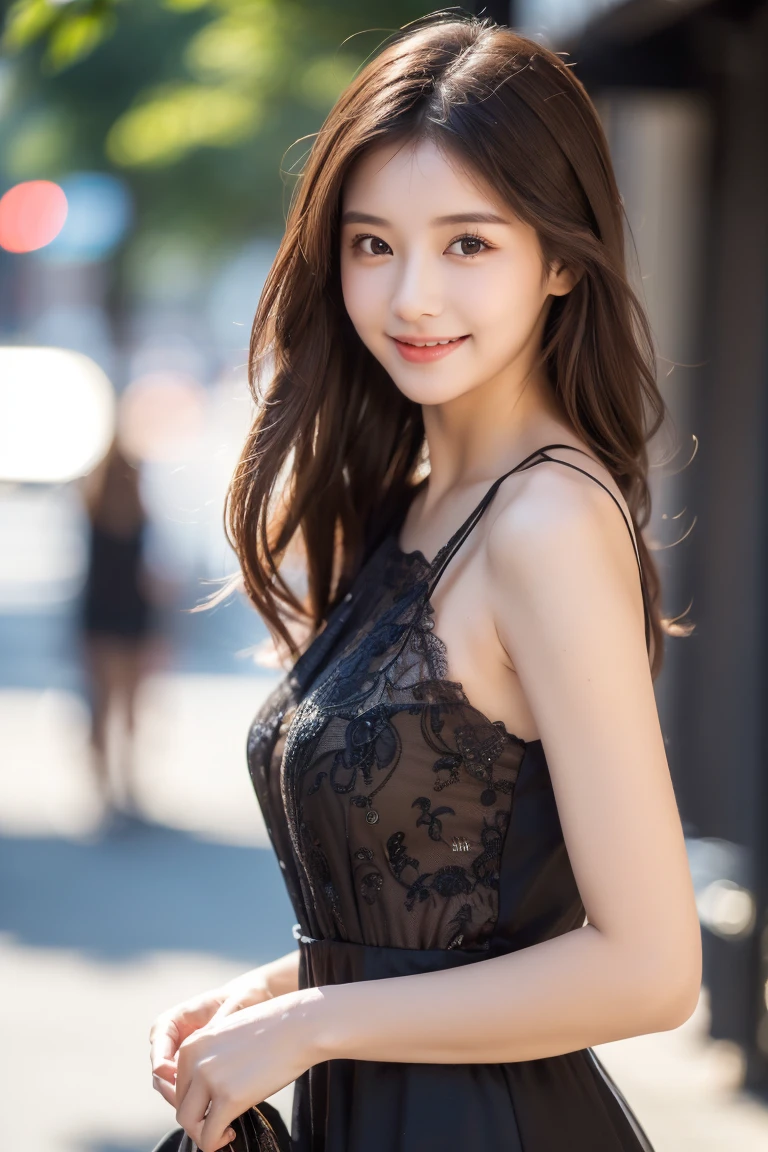 ((highest quality, 8K, masterpiece :1.3)), 1 girl, smile, whole body, slim face, Beautiful woman, (dark brown hair), full length dress :1.1, super detailed face, fine eyes, double eyelid, blur background, slim face, city, outside, street,