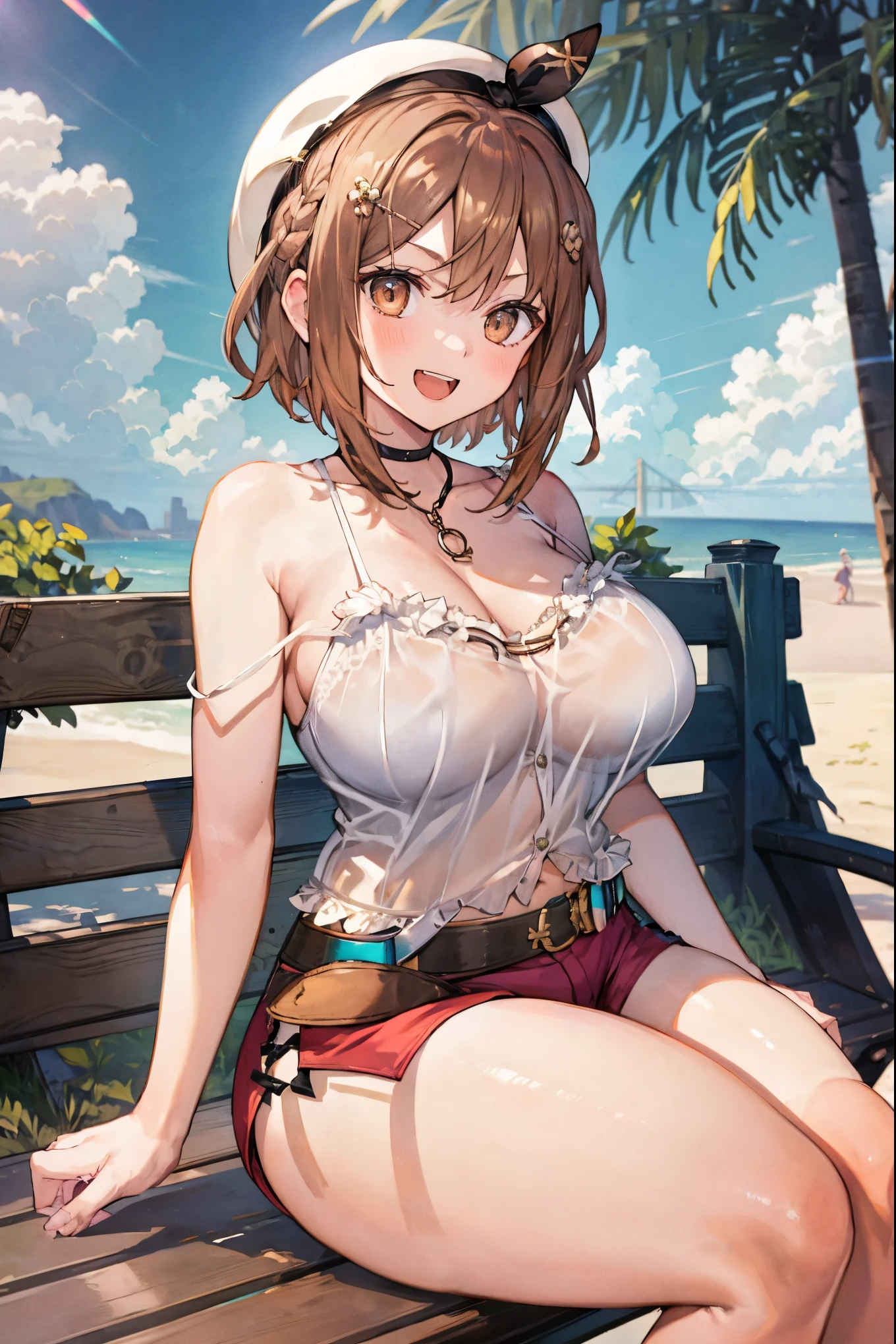 (best quality), (Super detailed), (Best Illustration), (nsfw), (1girl), look at viewer, straw hat, sundress lift, (show off nipples:1.2), (show off breasts:1.3), curvy body, blush, {brown hair, (bob cut), curly hair, hairs between eyes}, {(detailed eyes), twinkle(in the eyes), blue eyes}, (country:1.3),