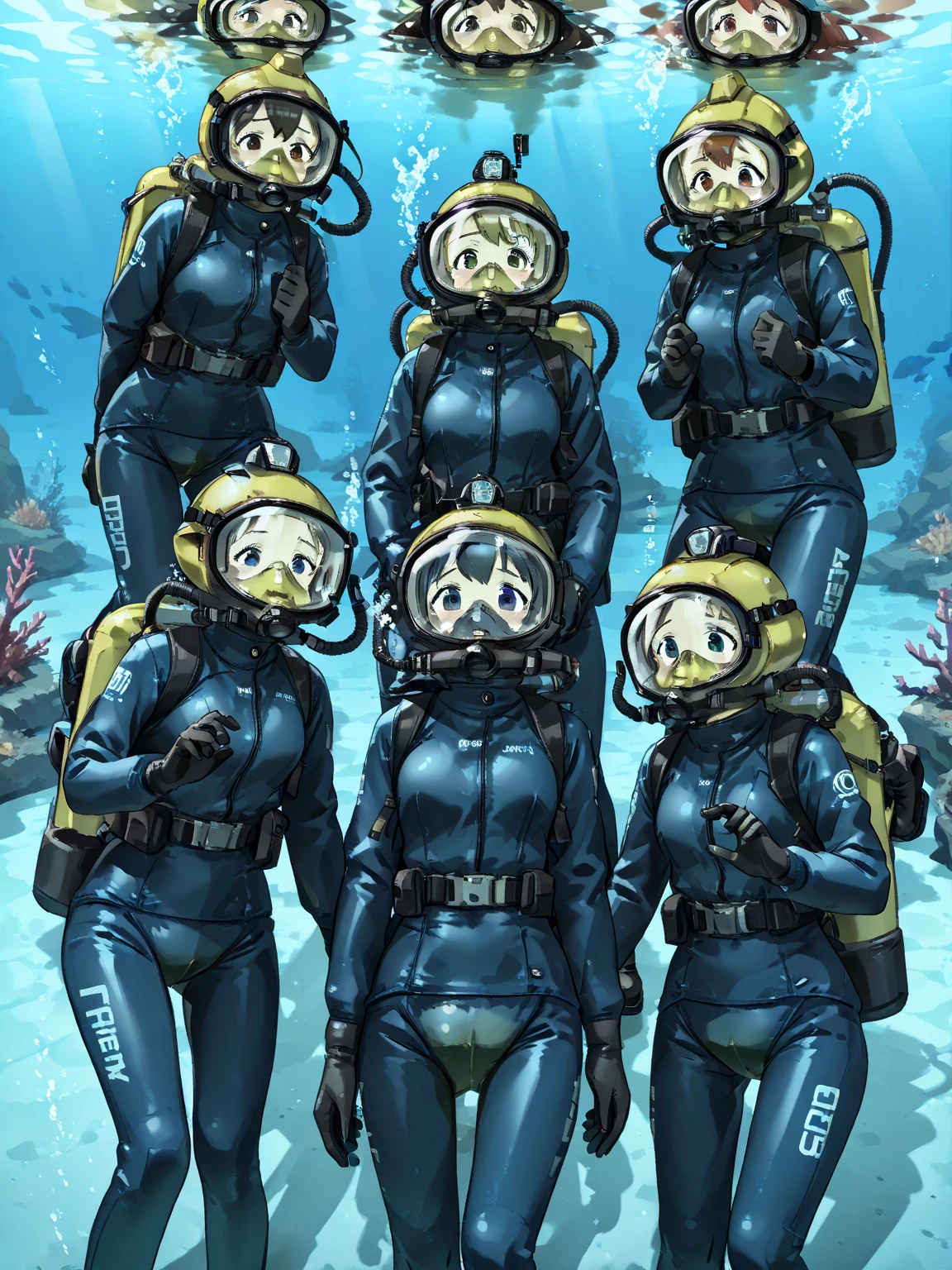 Pretty female scuba diver swimming underwater, ultra detailed, ((full body diving suit)), gloves, sharp focus, crystal clear, masterpiece, (2girls), alone, ((underwater)), weight belt, ((lama scuba helmet)), (diving watch), (((deep sea dive))), ocean abyss, dim blue lighting, caustic effects, ((perfect anatomy)), ((perfectly drawn face)), ((perfectly drawn hands)), ((rebreather apparatus)), (black fins), underwater background, anime still, fish school, [fish], (coral reef), [high tech wreckage], <lora:lama_scuba_helmet_rev2-10:0.825>