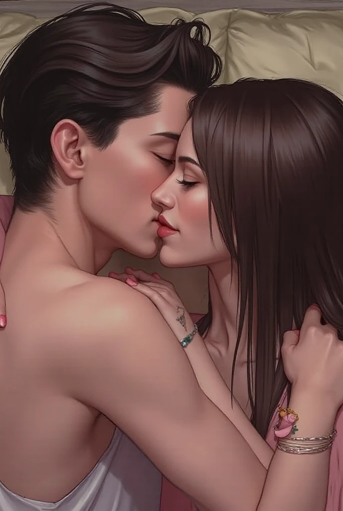 (Romantic and passionate kiss scenes in movies),(best quality, ish, Best lighting and shadows),(close-up, extreme close-up),(1 girl and 1 boy),(long hair:1.2+suit),(red lipstick:1.4+black hair), romantic music, background of the sea