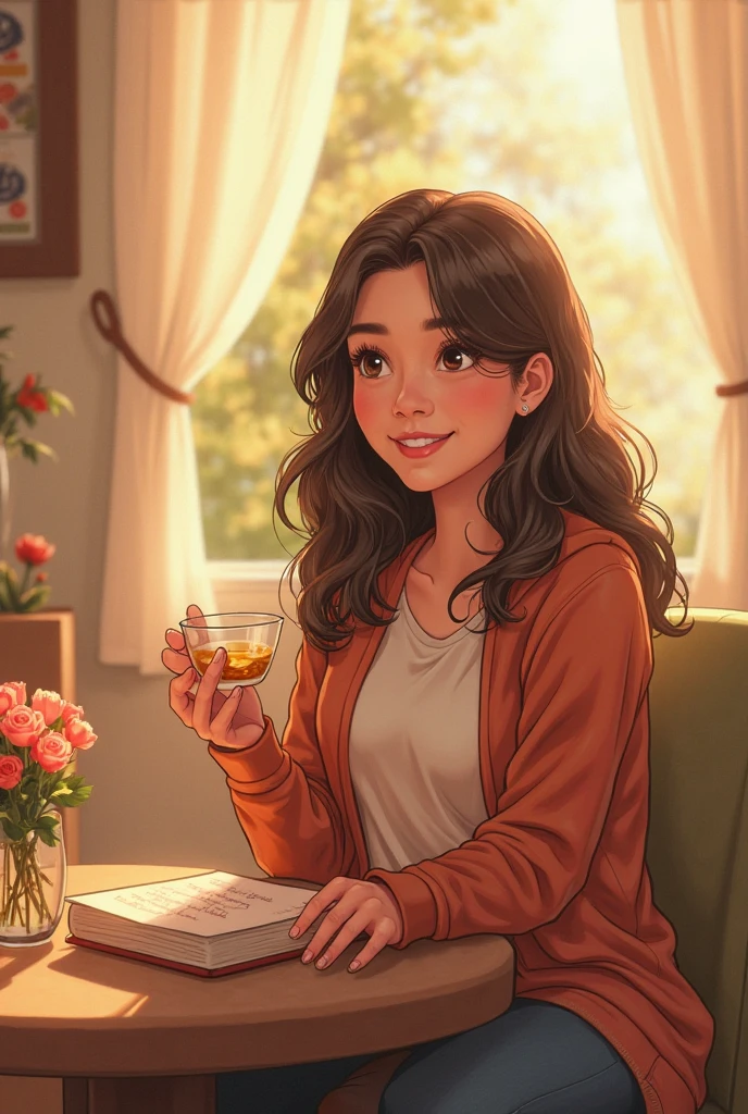 ((long shot)) brunette influencer with long, naturally wavy hair, green eyes, sexly, big , enjoying a coffee in the mountains, elegant and modern look, relaxing, Calm, extravagant , 8k, extremely detail, photorealestic, Details Complicated, Realistic skin texture, realistic hair, Textur, Happy, 8K UHD, best quality, High resolution, attention to details, very large , long shot, wide angle,(big boobs)